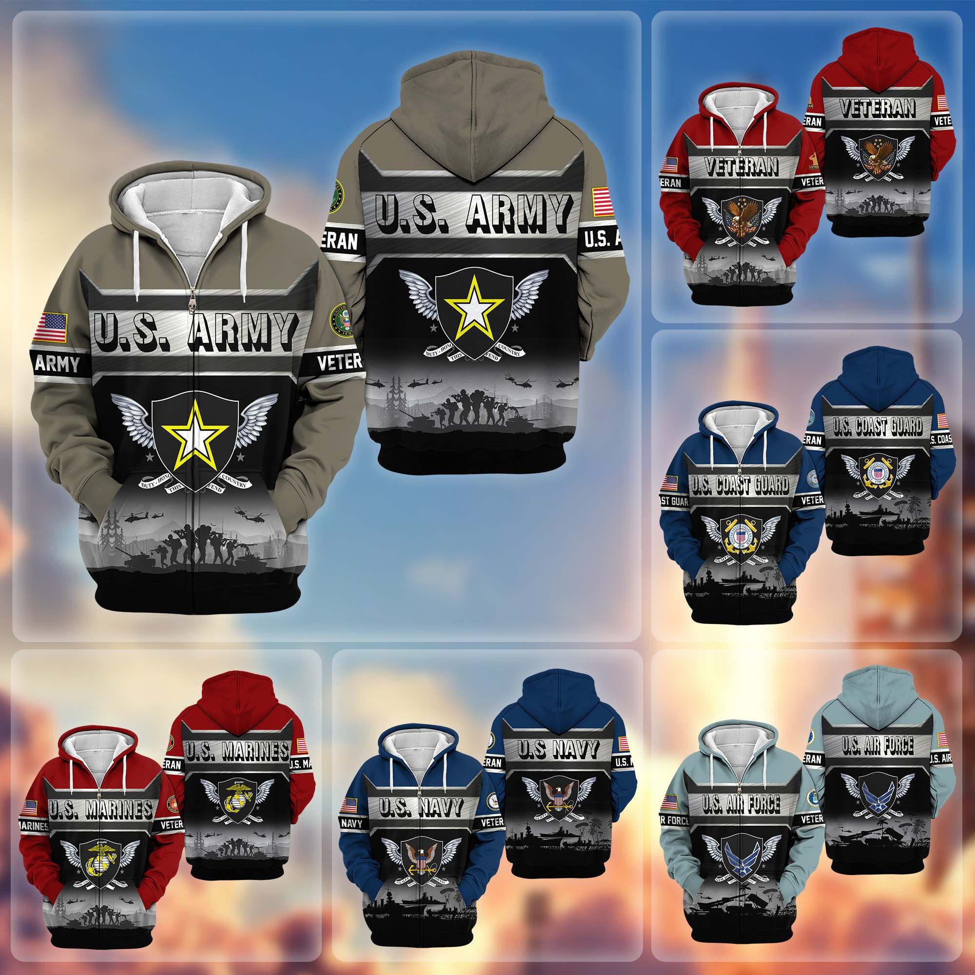 Premium US Veterans Zip Hoodie, Gifts For US Veterans, Gifts On Father's Day, Veterans Day.