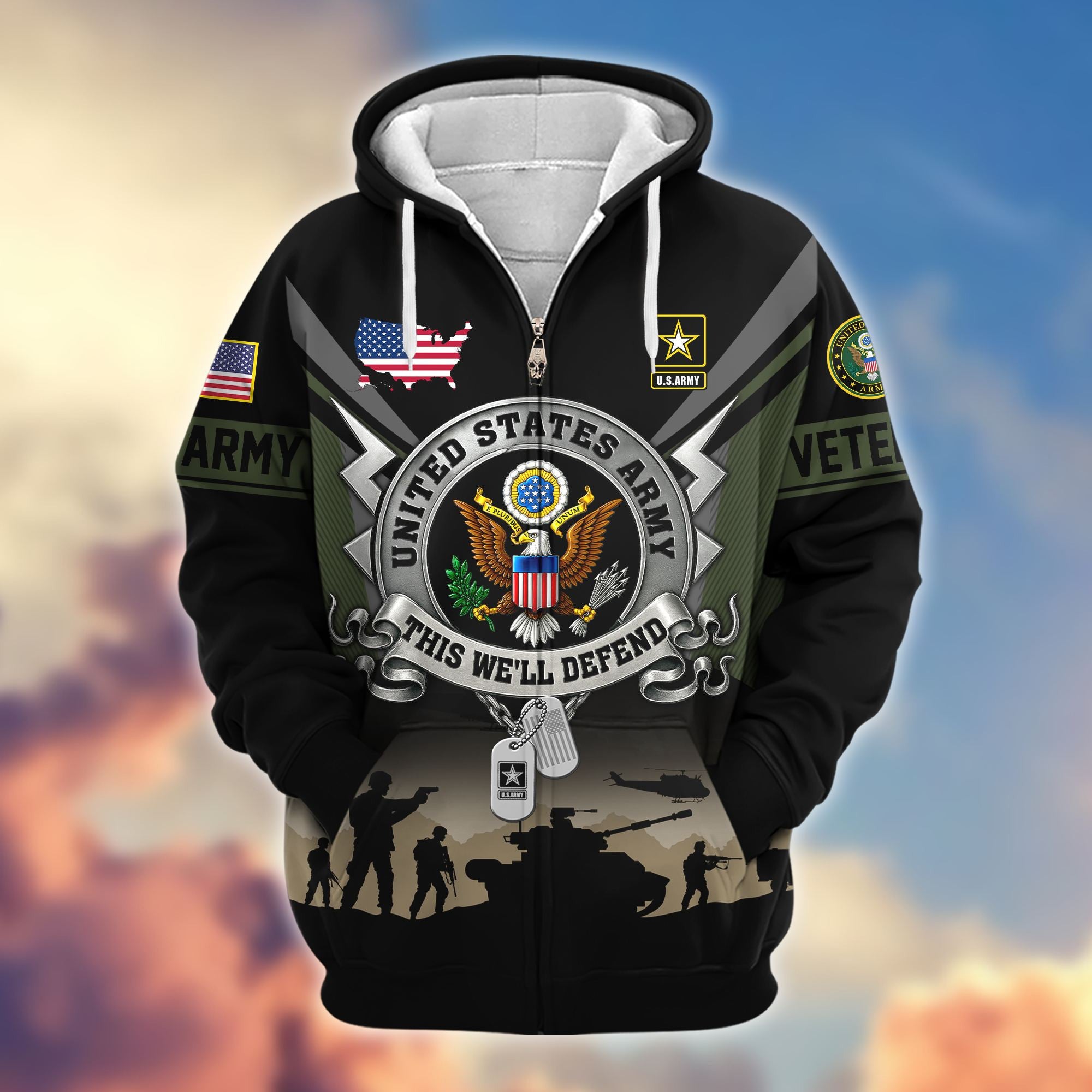 Premium US Veterans Zip Hoodie, Gifts For US Veterans, Gifts On Father's Day, Veterans Day.
