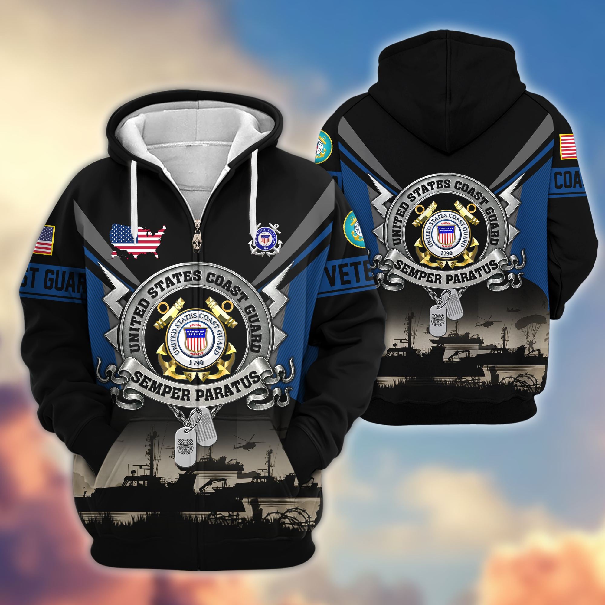 Premium US Veterans Zip Hoodie, Gifts For US Veterans, Gifts On Father's Day, Veterans Day.