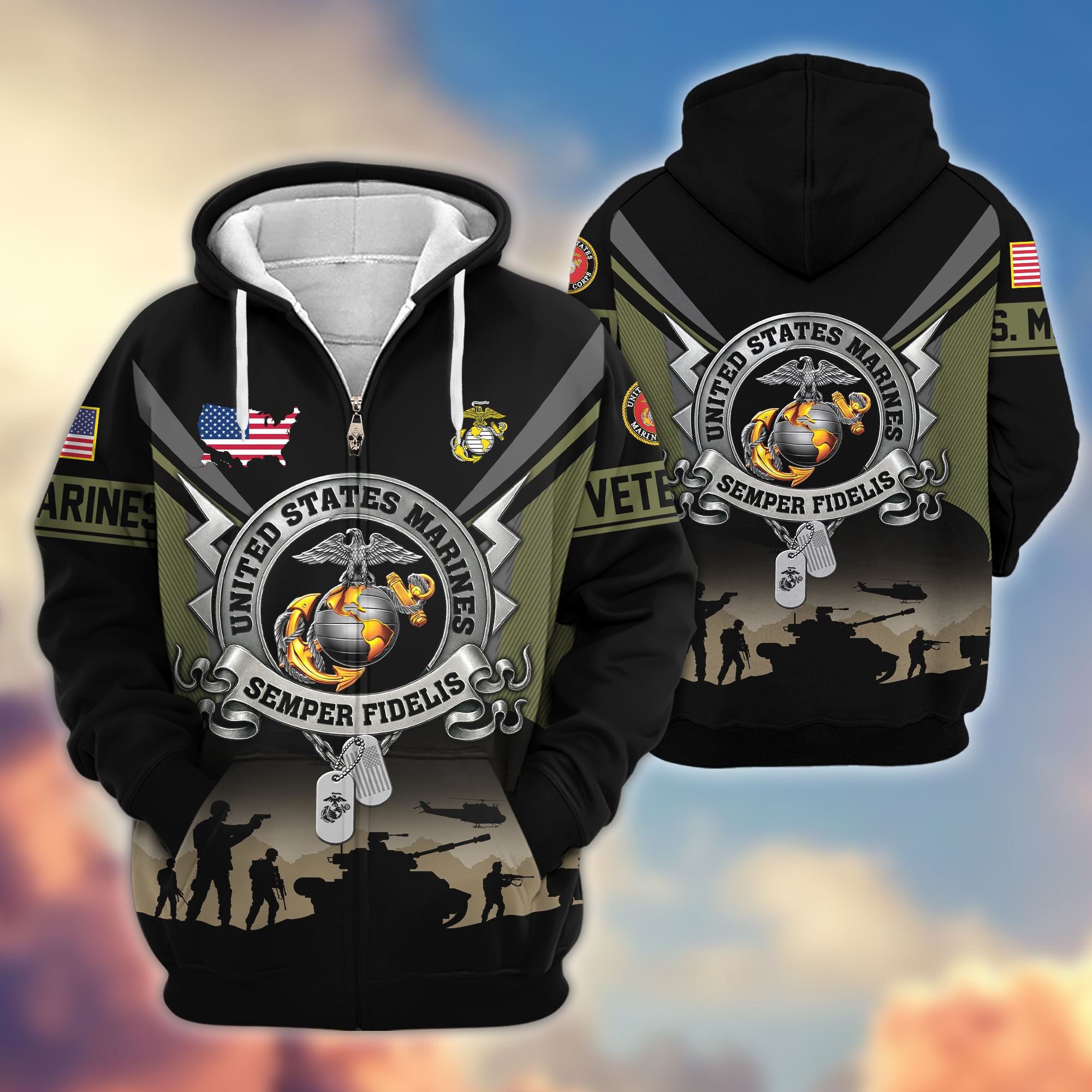 Premium US Veterans Zip Hoodie, Gifts For US Veterans, Gifts On Father's Day, Veterans Day.