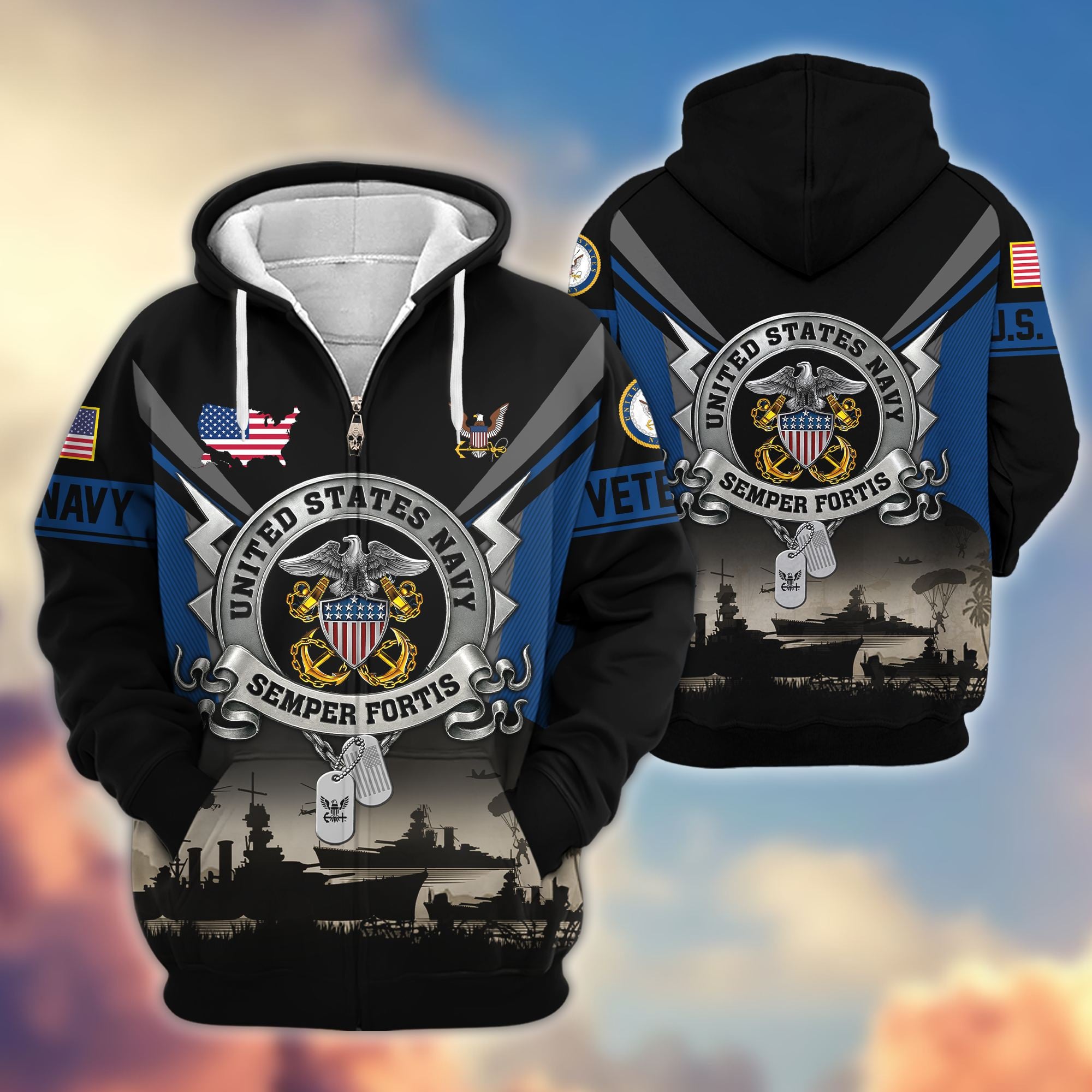 Premium US Veterans Zip Hoodie, Gifts For US Veterans, Gifts On Father's Day, Veterans Day.