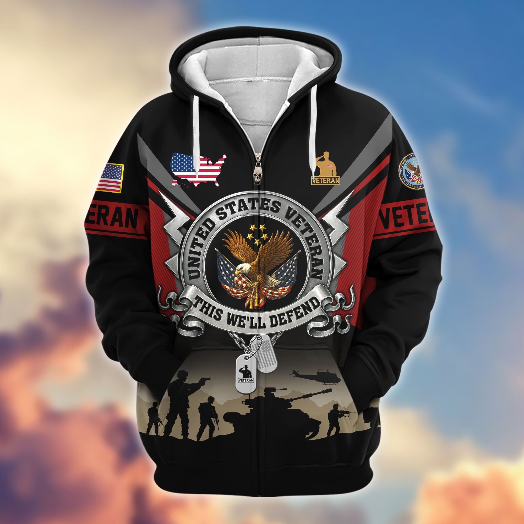 Premium US Veterans Zip Hoodie, Gifts For US Veterans, Gifts On Father's Day, Veterans Day.