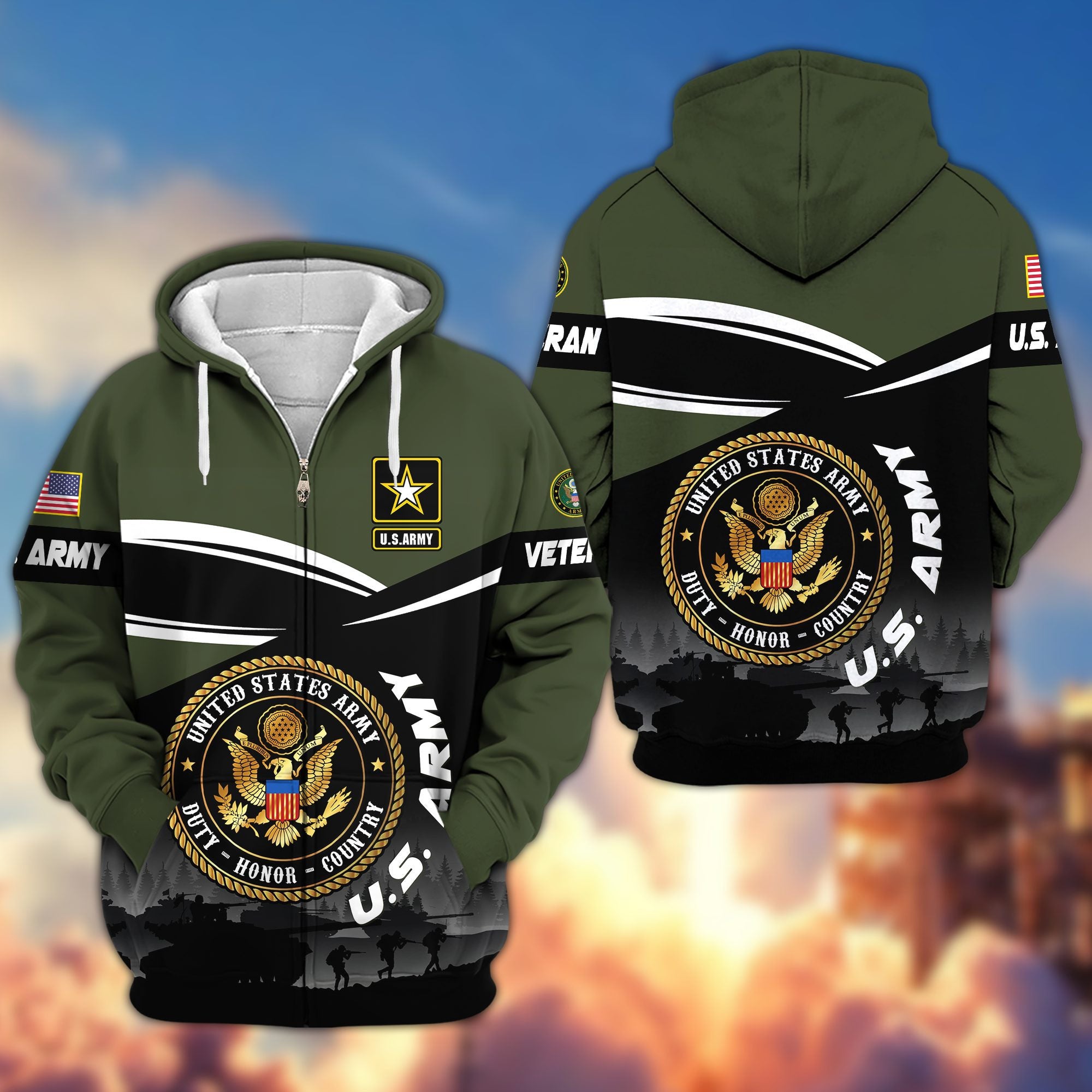 Premium US Veterans Zip Hoodie, Gifts For US Veterans, Gifts On Father's Day, Veterans Day.