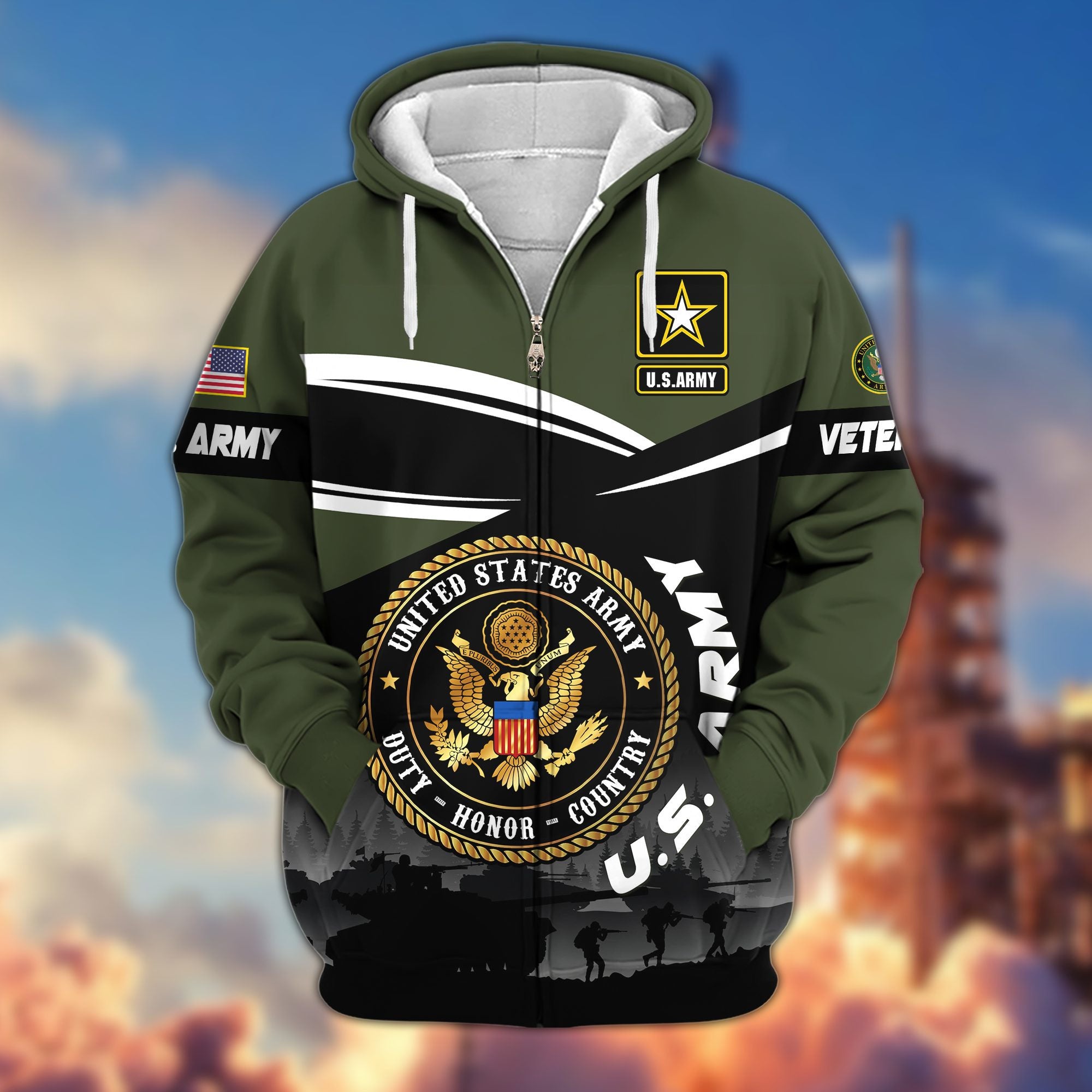 Premium US Veterans Zip Hoodie, Gifts For US Veterans, Gifts On Father's Day, Veterans Day.