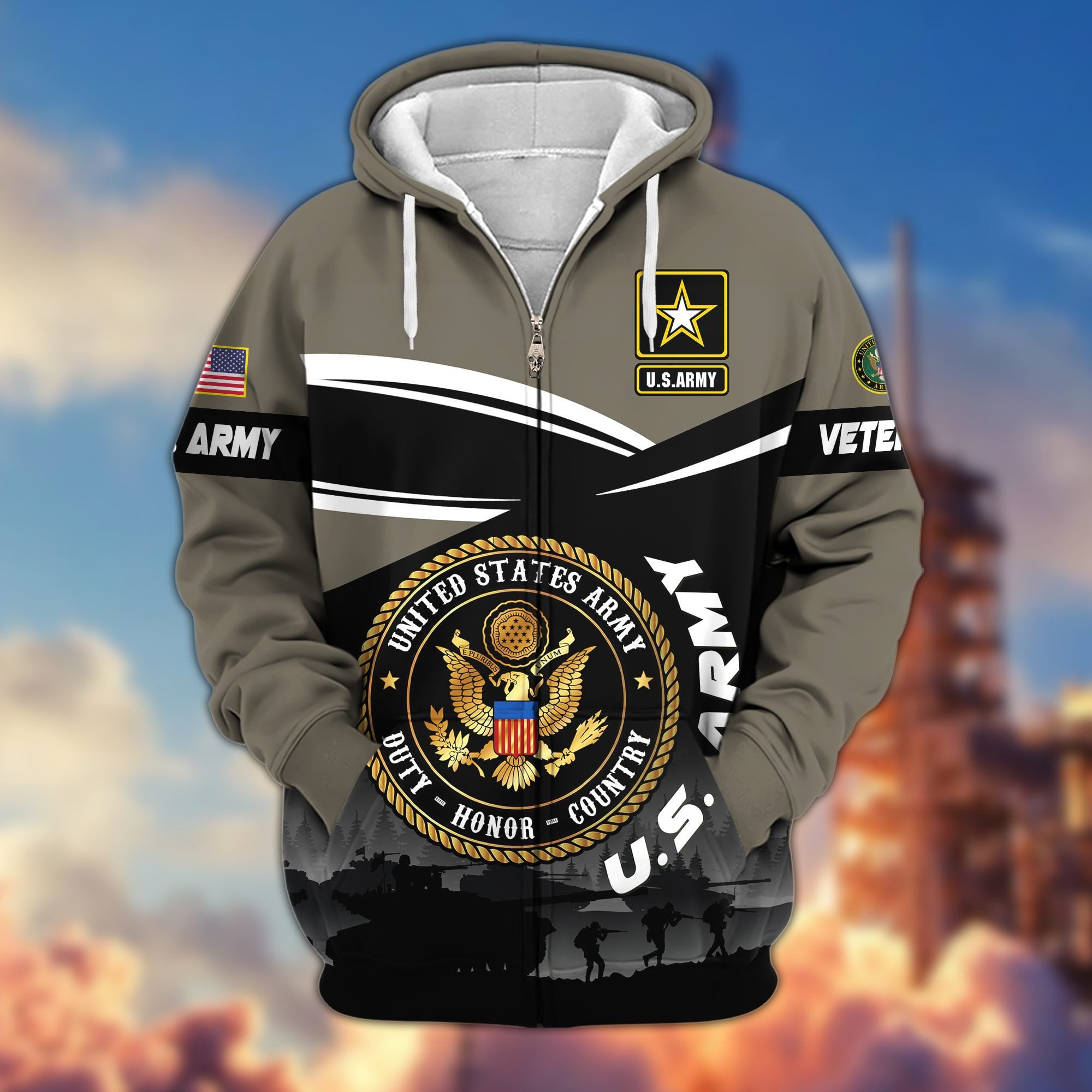 Premium US Veterans Zip Hoodie, Gifts For US Veterans, Gifts On Father's Day, Veterans Day.
