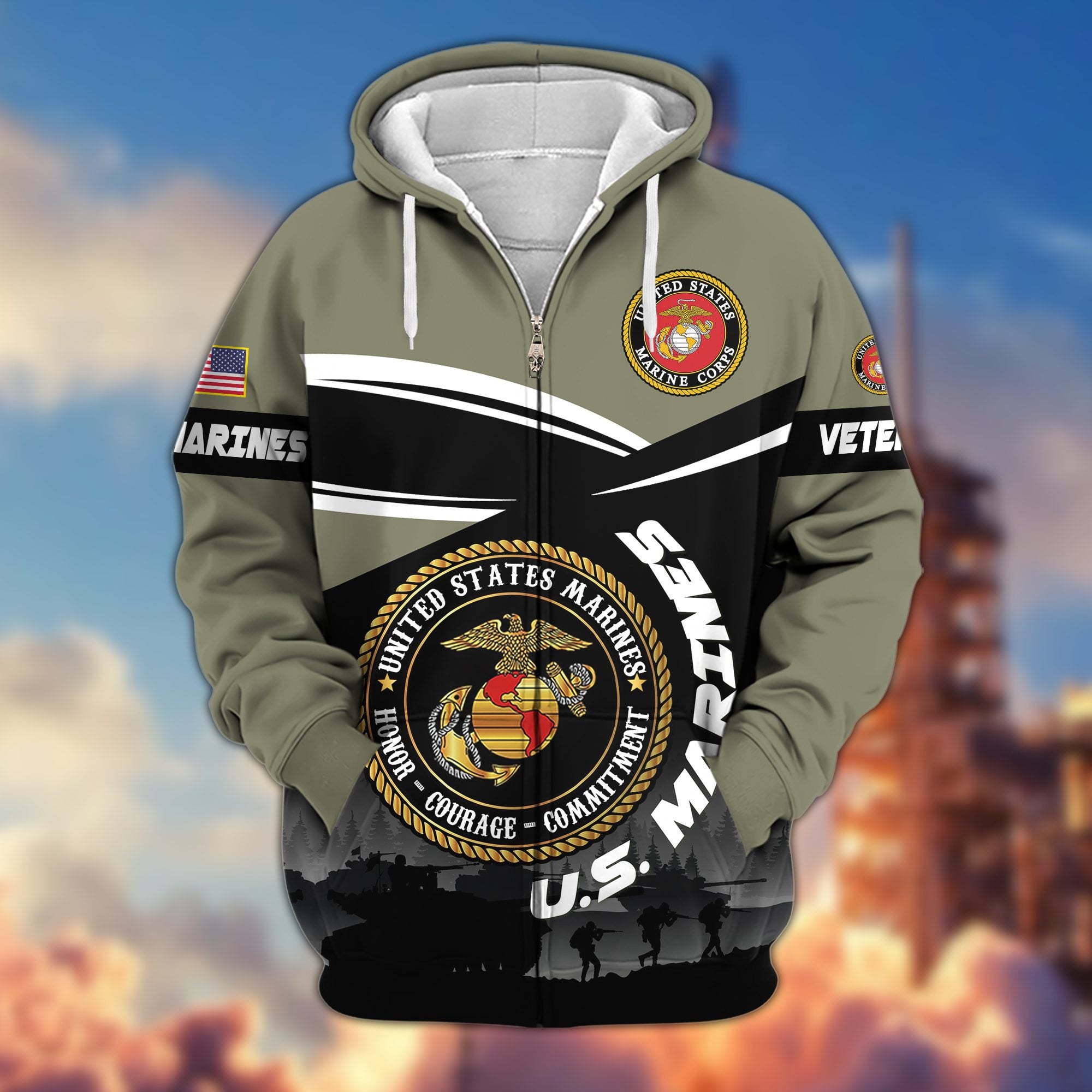 Premium US Veterans Zip Hoodie, Gifts For US Veterans, Gifts On Father's Day, Veterans Day.