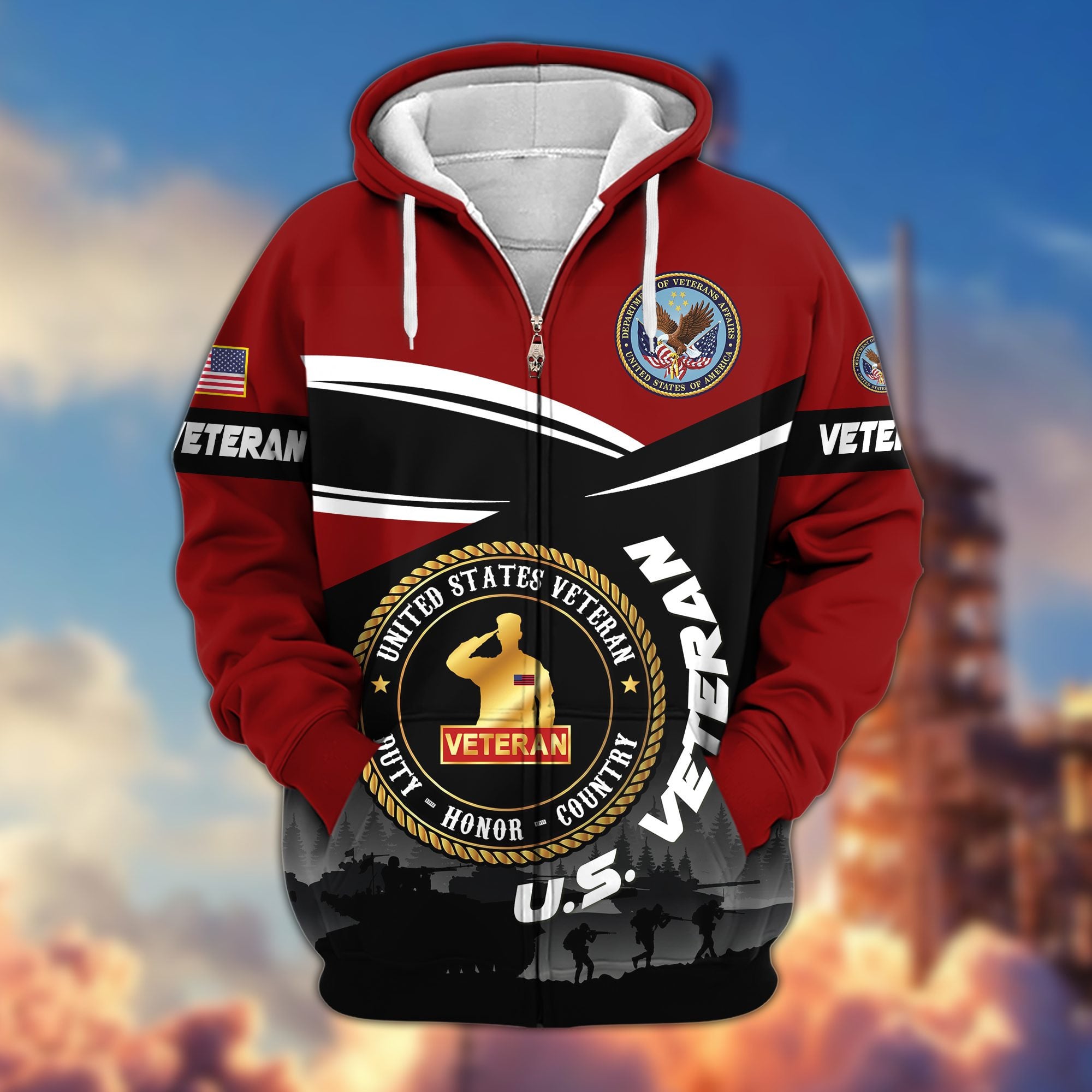 Premium US Veterans Zip Hoodie, Gifts For US Veterans, Gifts On Father's Day, Veterans Day.