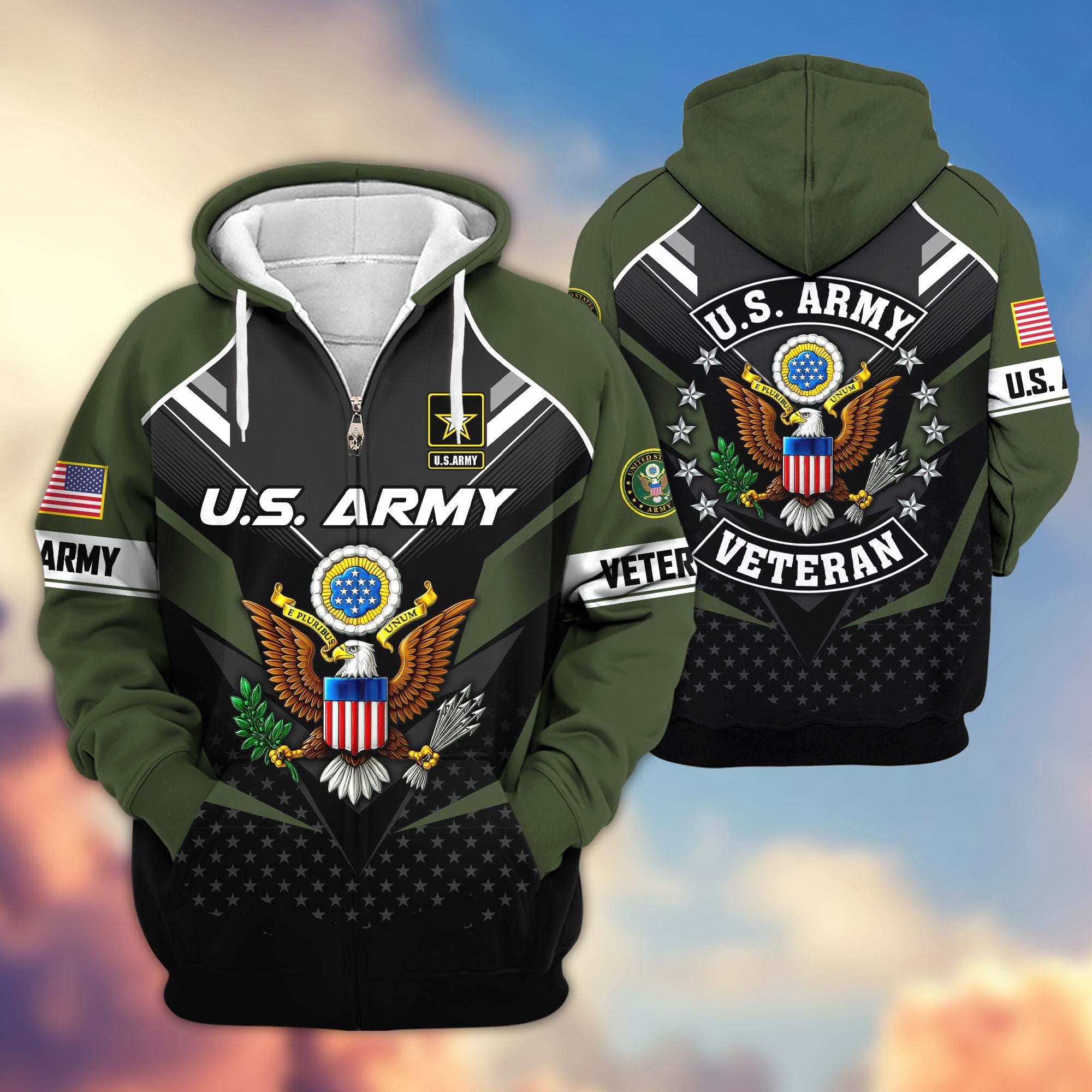 Premium US Veterans Zip Hoodie, Gifts For US Veterans, Gifts On Father's Day, Veterans Day.