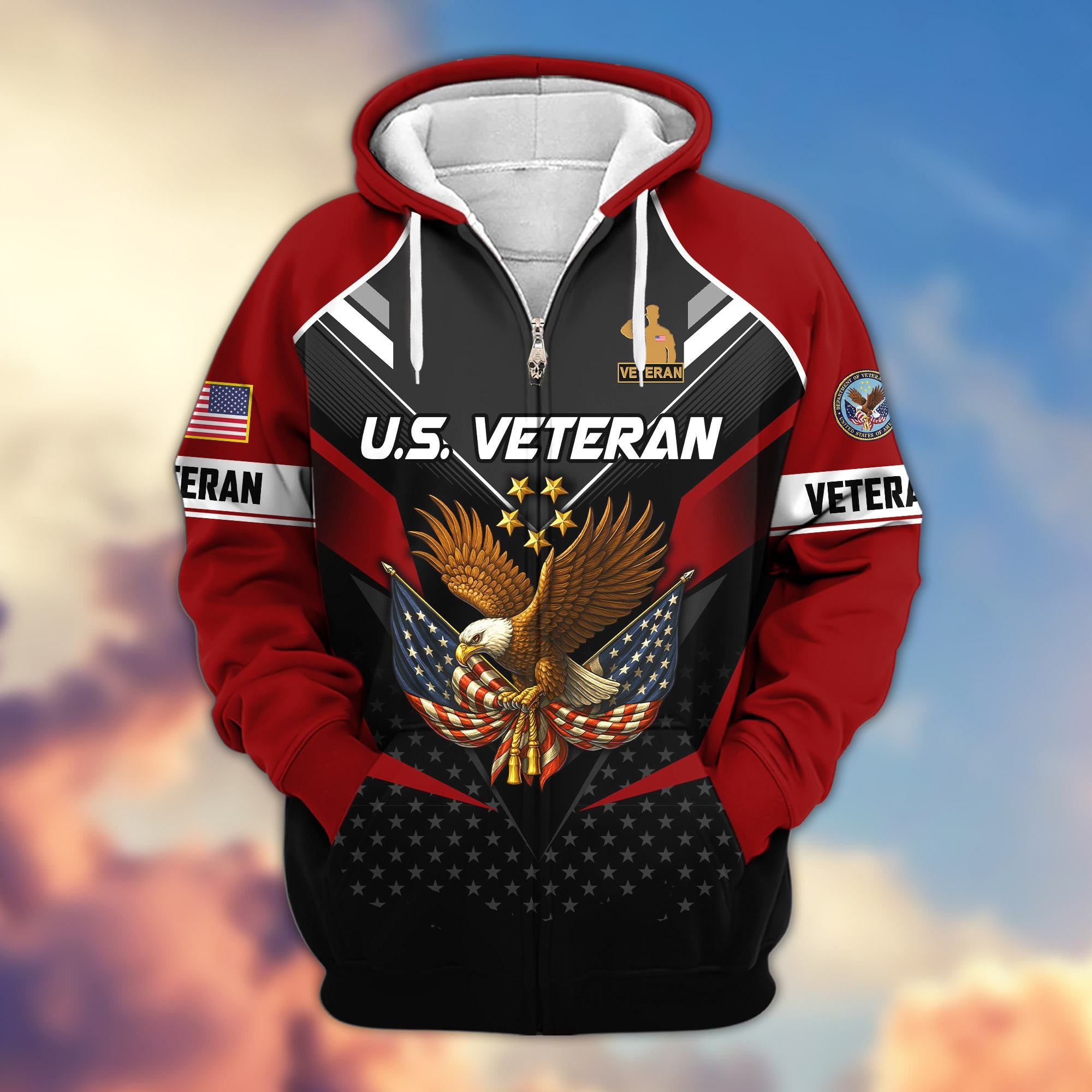 Premium US Veterans Zip Hoodie, Gifts For US Veterans, Gifts On Father's Day, Veterans Day.