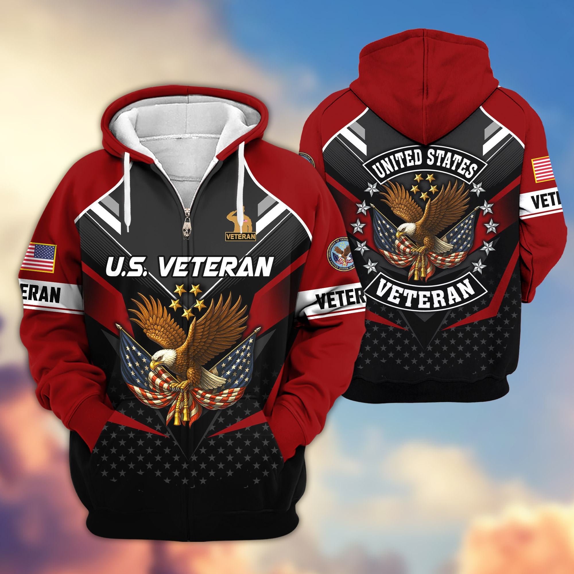 Premium US Veterans Zip Hoodie, Gifts For US Veterans, Gifts On Father's Day, Veterans Day.