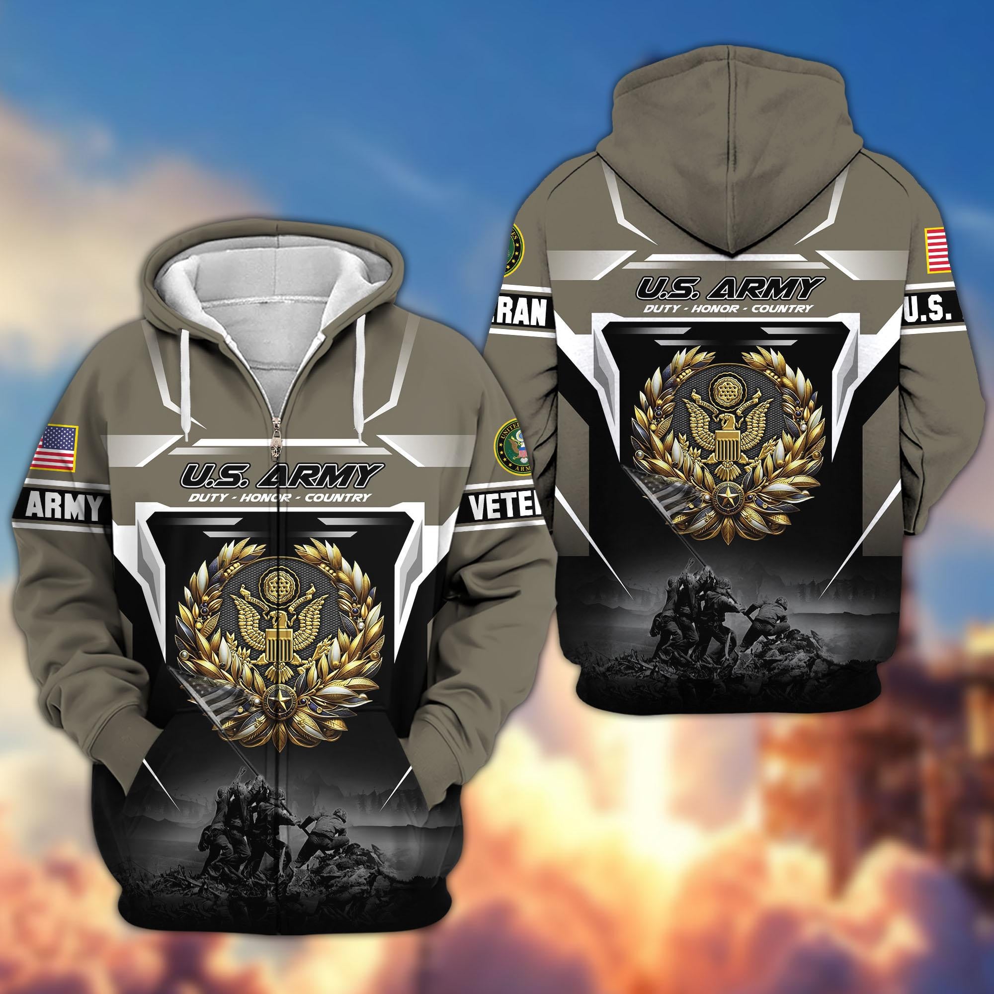 Premium US Veterans Zip Hoodie, Gifts For US Veterans, Gifts On Father's Day, Veterans Day.