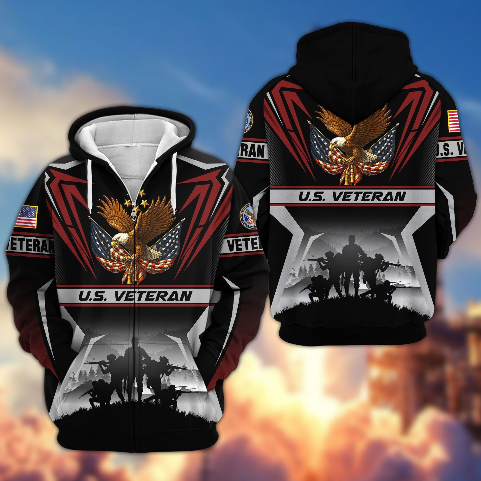 Premium US Veterans Zip Hoodie, Gifts For US Veterans, Gifts On Father's Day, Veterans Day.