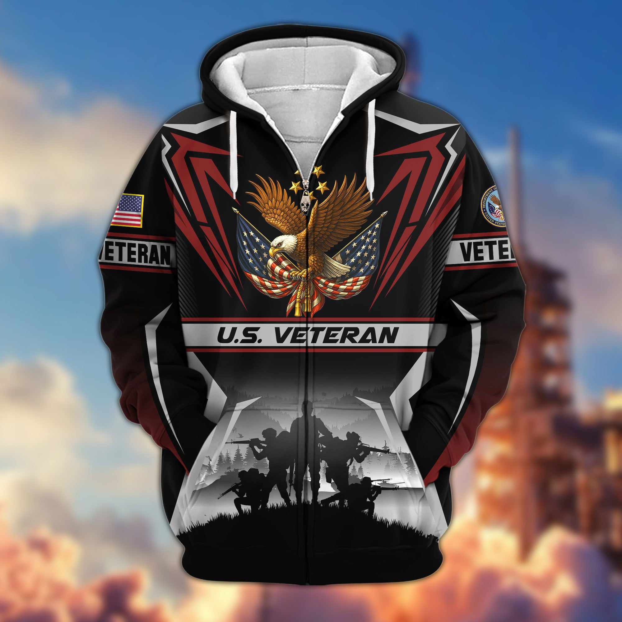 Premium US Veterans Zip Hoodie, Gifts For US Veterans, Gifts On Father's Day, Veterans Day.