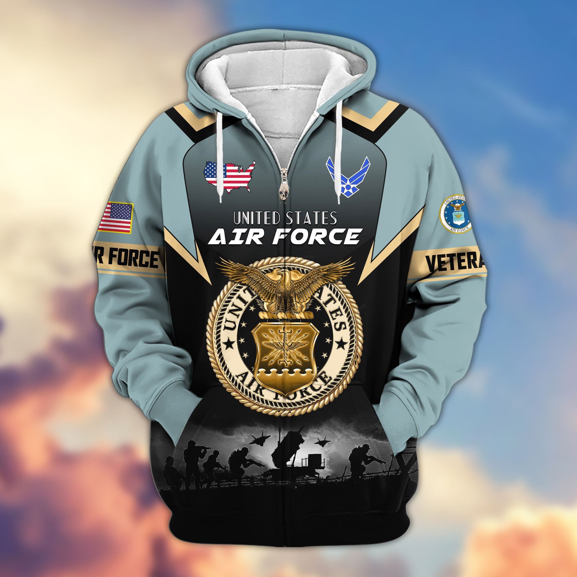 Premium US Veterans Zip Hoodie, Gifts For US Veterans, Gifts On Father's Day, Veterans Day.