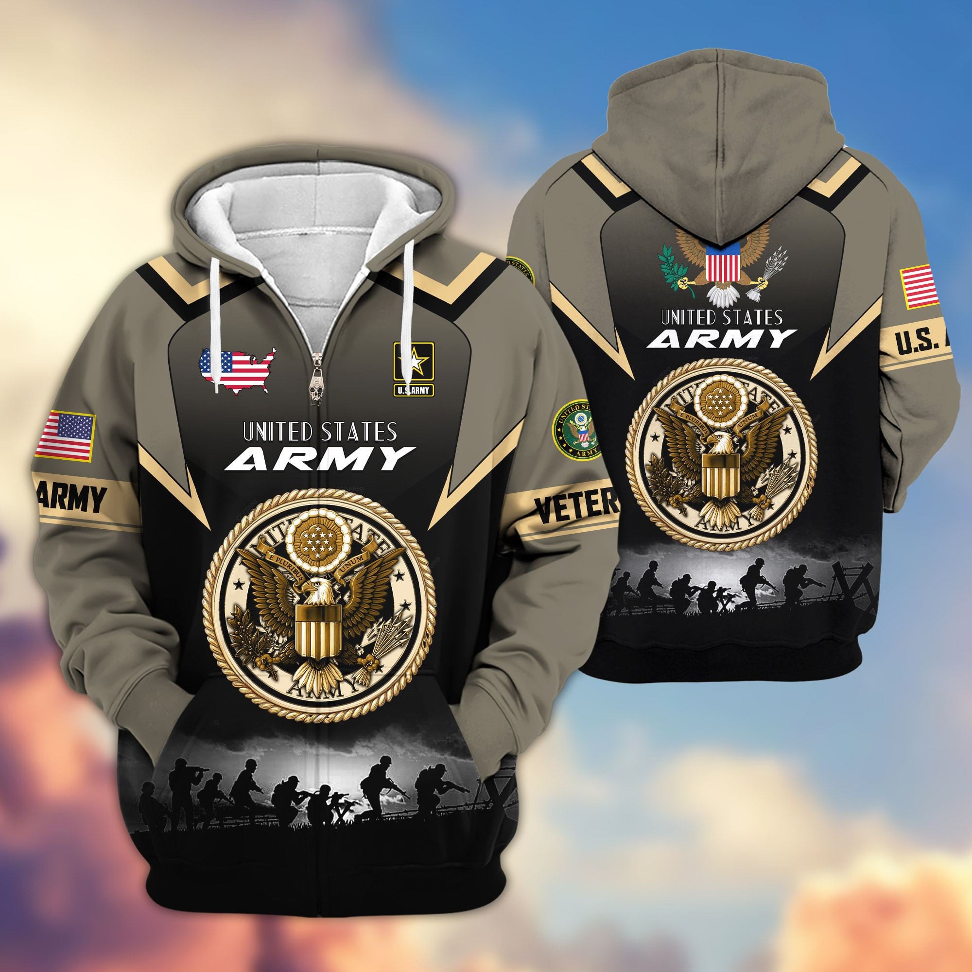 Premium US Veterans Zip Hoodie, Gifts For US Veterans, Gifts On Father's Day, Veterans Day.