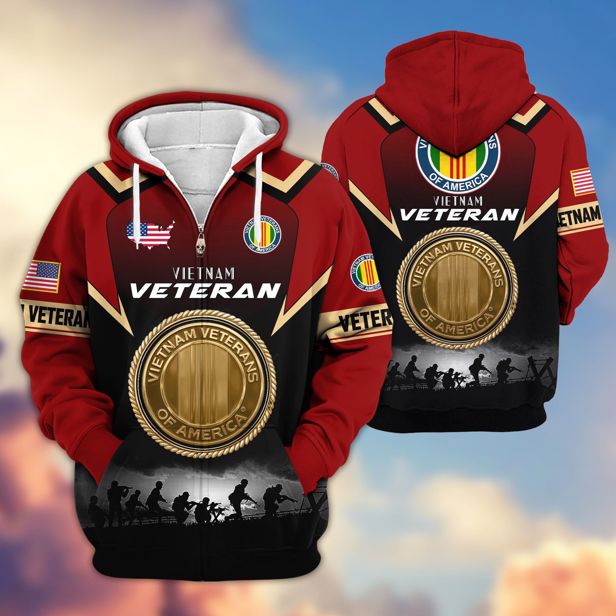 Premium US Veterans Zip Hoodie, Gifts For US Veterans, Gifts On Father's Day, Veterans Day.