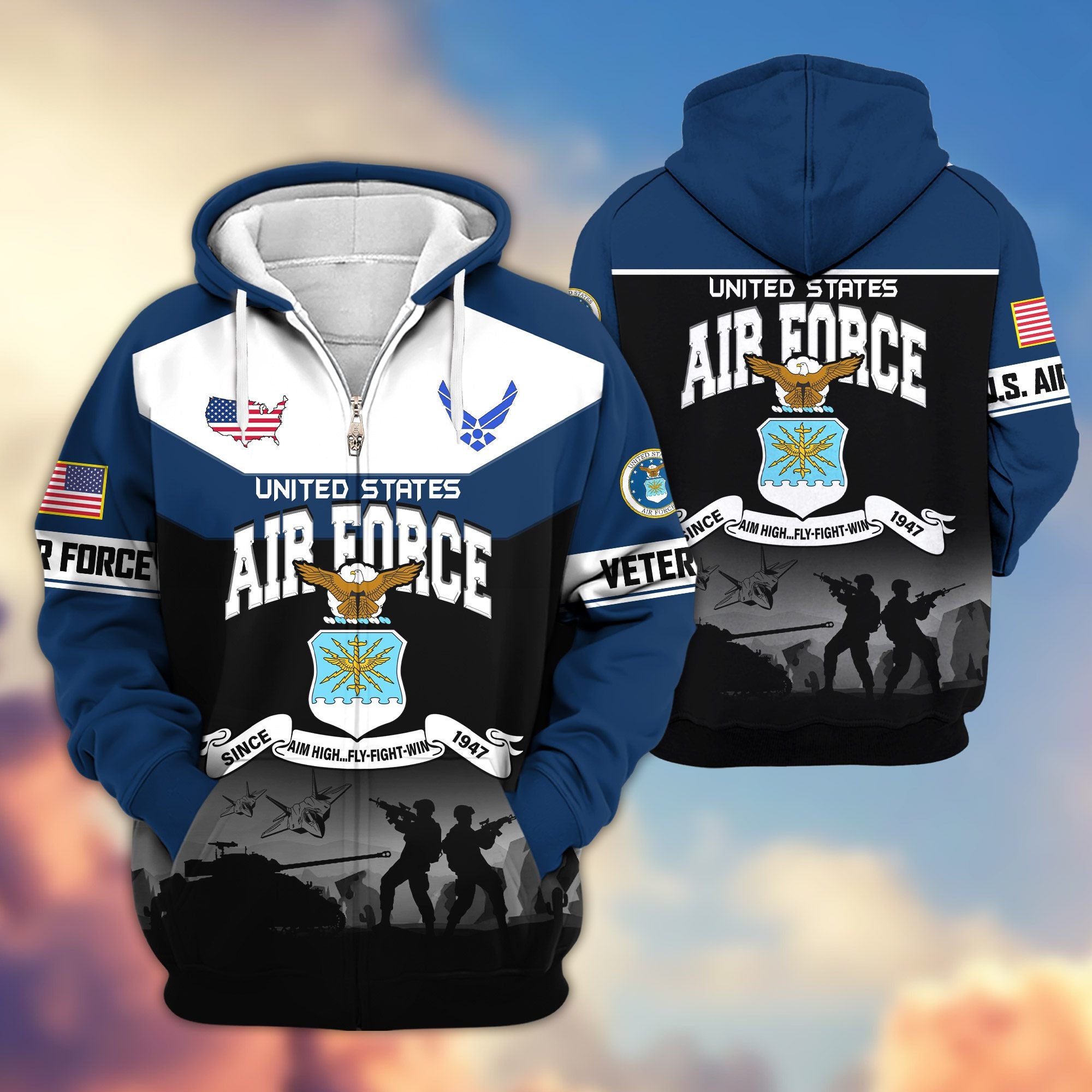 Premium US Veterans Zip Hoodie, Gifts For US Veterans, Gifts On Father's Day, Veterans Day.