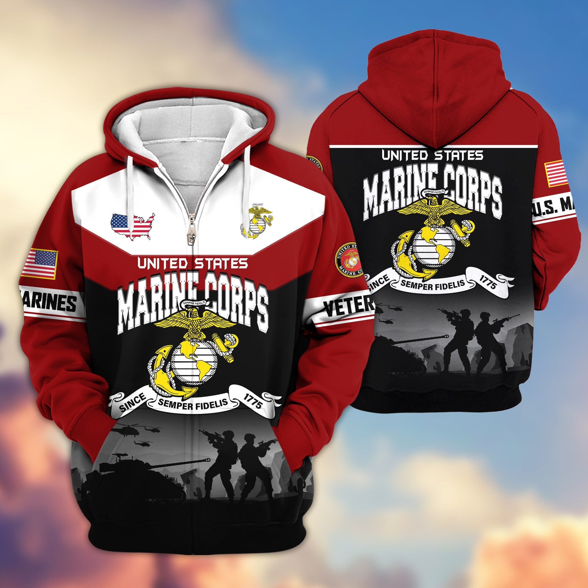 Premium US Veterans Zip Hoodie, Gifts For US Veterans, Gifts On Father's Day, Veterans Day.