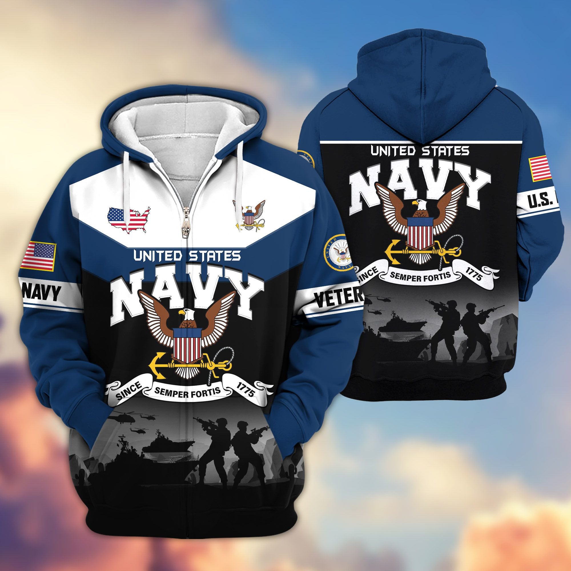 Premium US Veterans Zip Hoodie, Gifts For US Veterans, Gifts On Father's Day, Veterans Day.