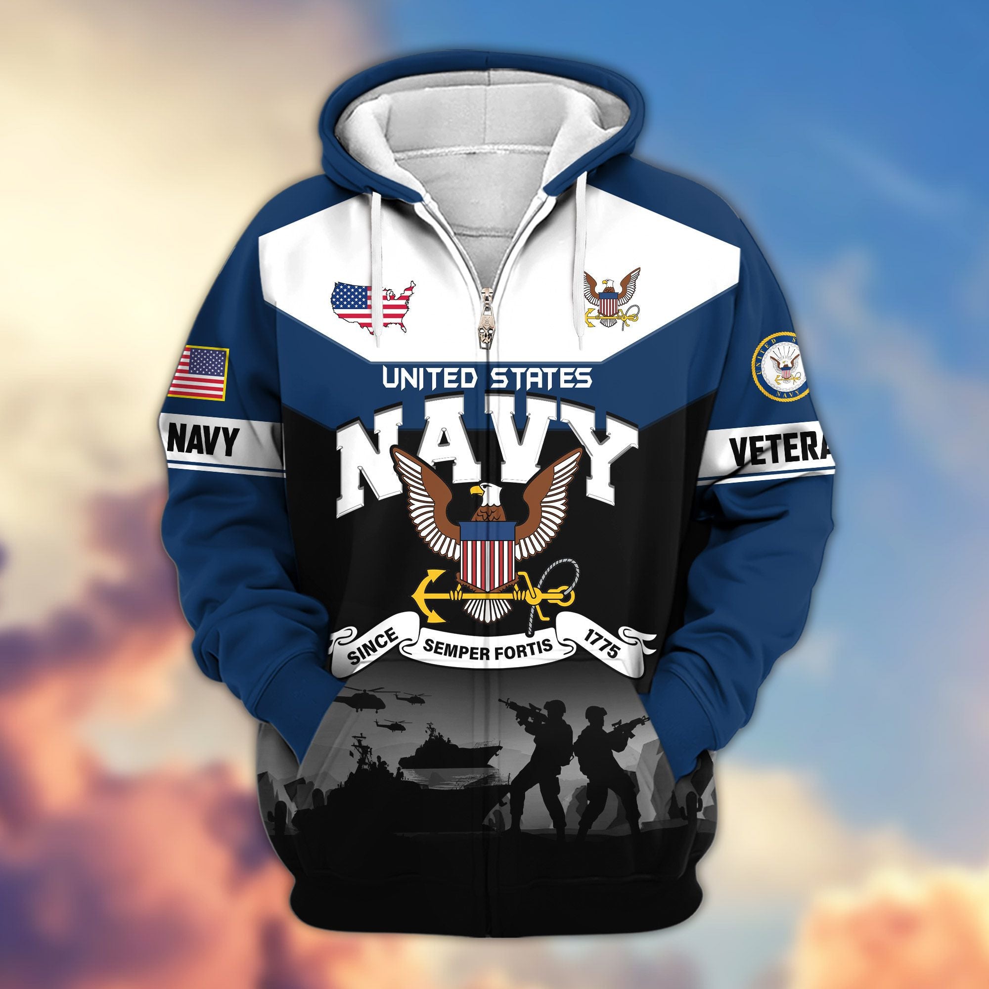 Premium US Veterans Zip Hoodie, Gifts For US Veterans, Gifts On Father's Day, Veterans Day.