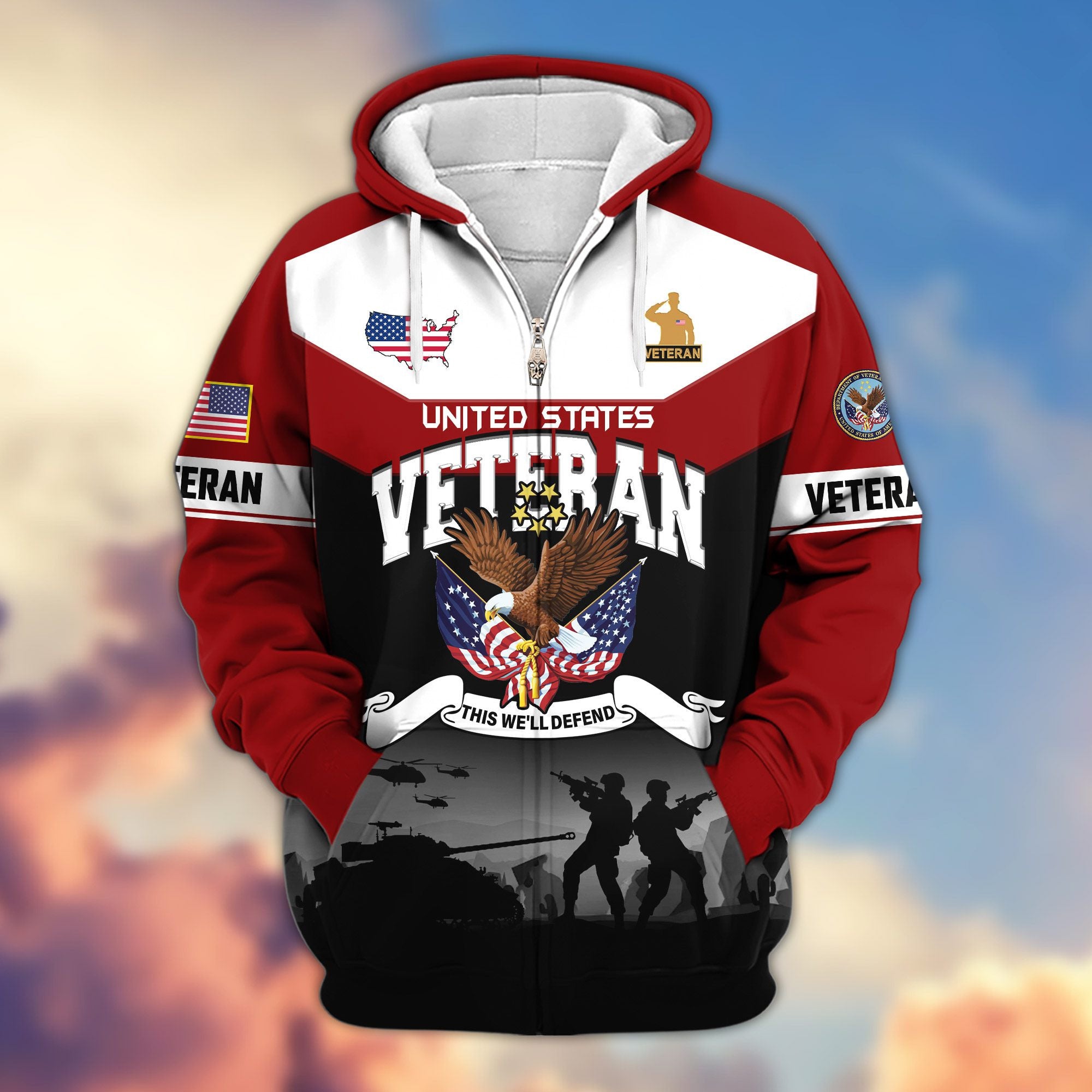 Premium US Veterans Zip Hoodie, Gifts For US Veterans, Gifts On Father's Day, Veterans Day.