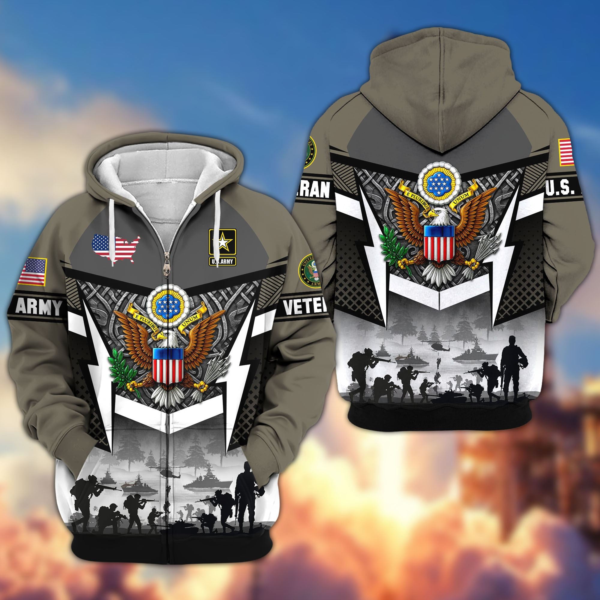 Premium US Veterans Zip Hoodie, Gifts For US Veterans, Gifts On Father's Day, Veterans Day.