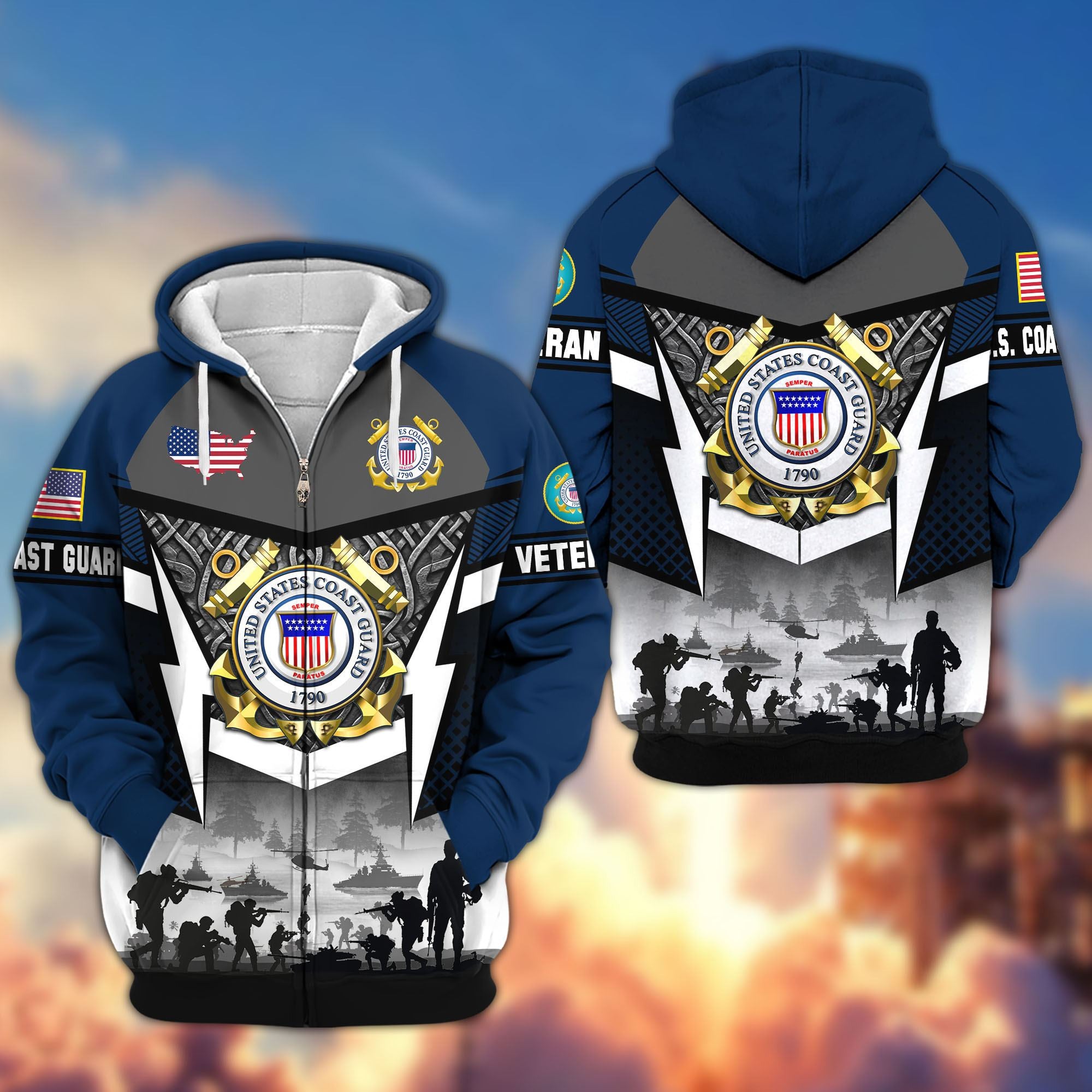 Premium US Veterans Zip Hoodie, Gifts For US Veterans, Gifts On Father's Day, Veterans Day.