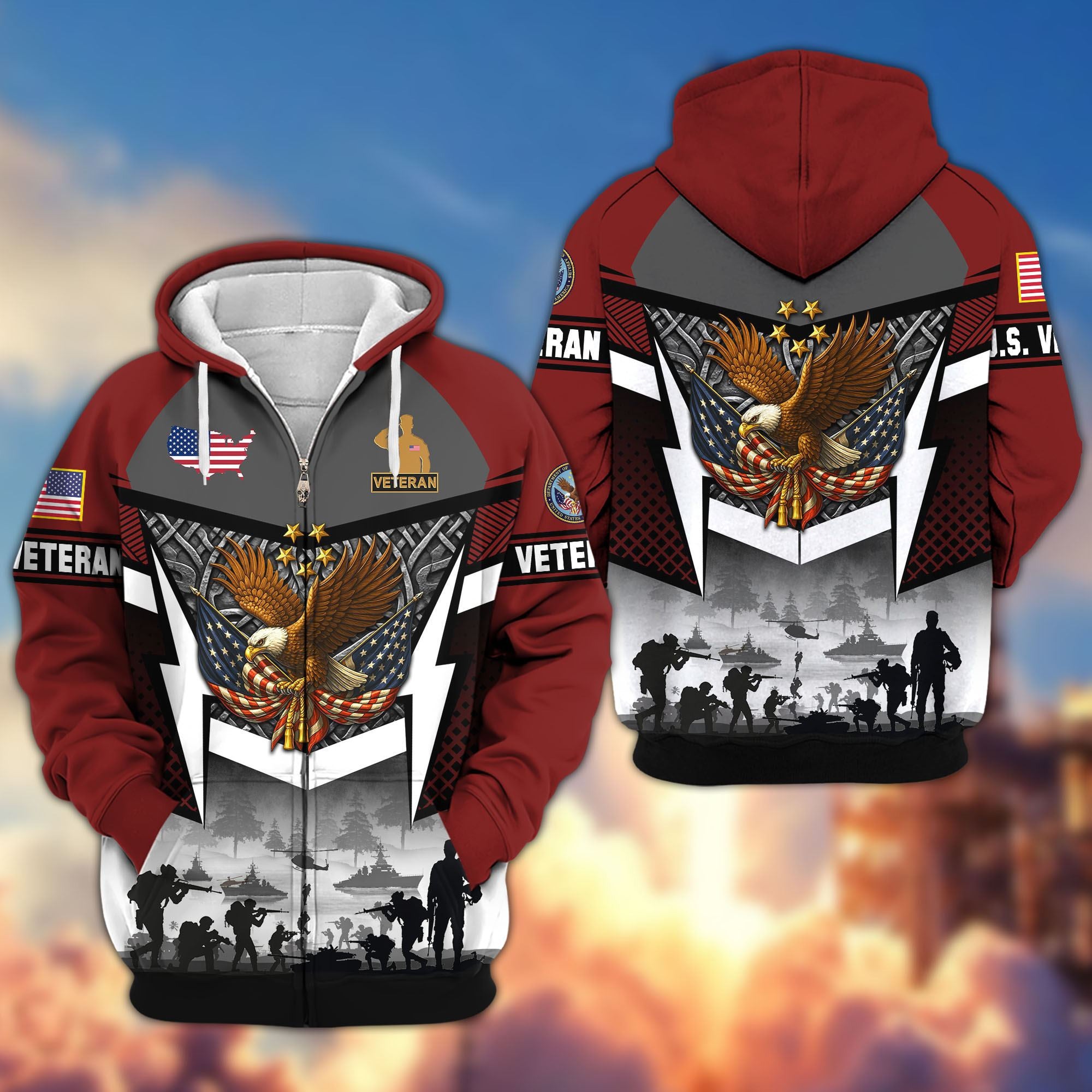 Premium US Veterans Zip Hoodie, Gifts For US Veterans, Gifts On Father's Day, Veterans Day.