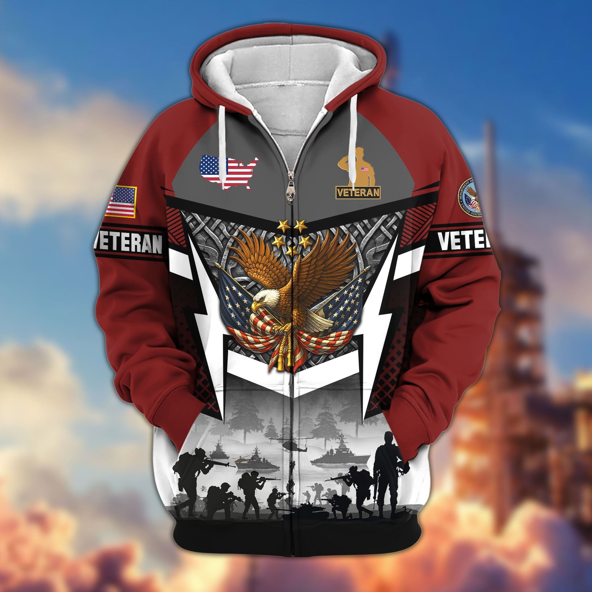 Premium US Veterans Zip Hoodie, Gifts For US Veterans, Gifts On Father's Day, Veterans Day.
