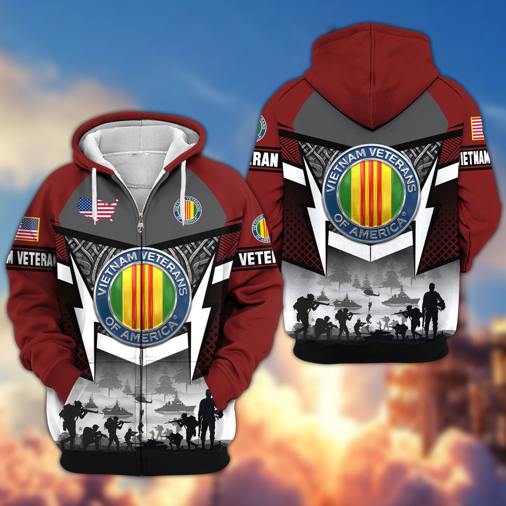 Premium US Veterans Zip Hoodie, Gifts For US Veterans, Gifts On Father's Day, Veterans Day.
