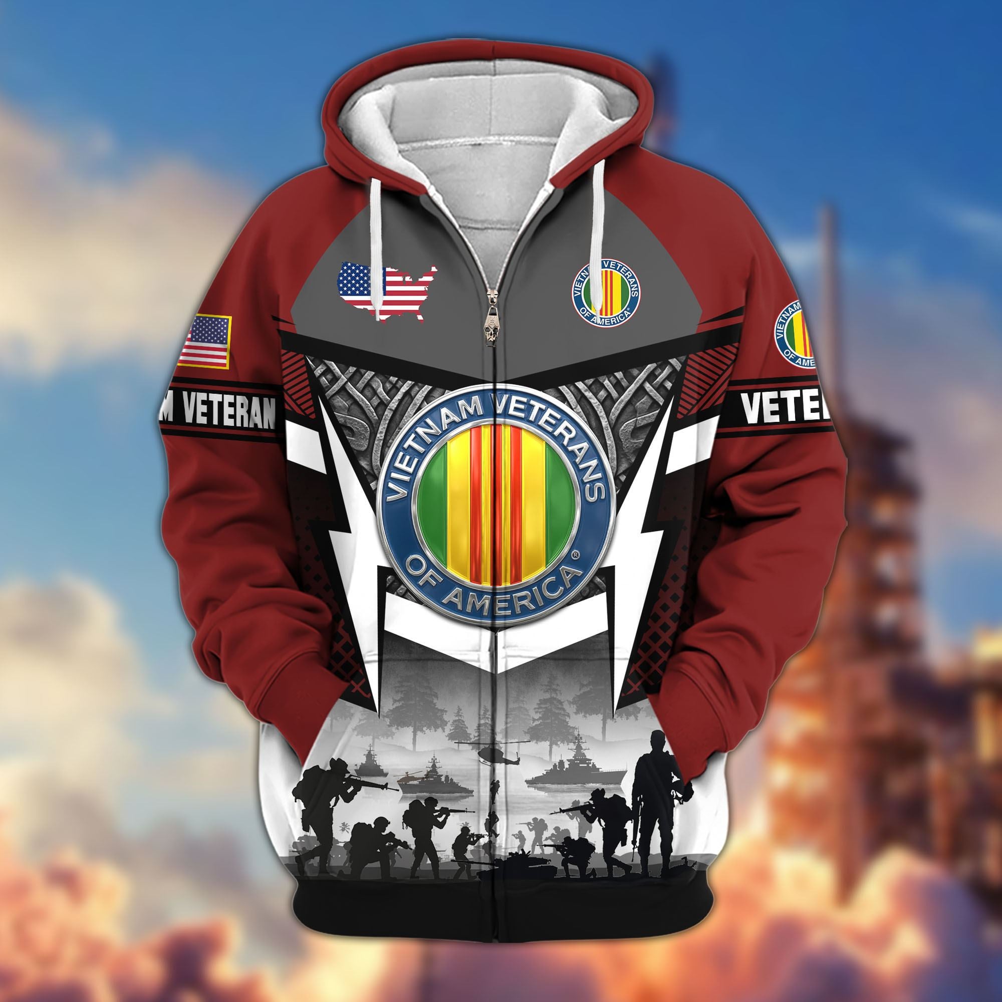 Premium US Veterans Zip Hoodie, Gifts For US Veterans, Gifts On Father's Day, Veterans Day.