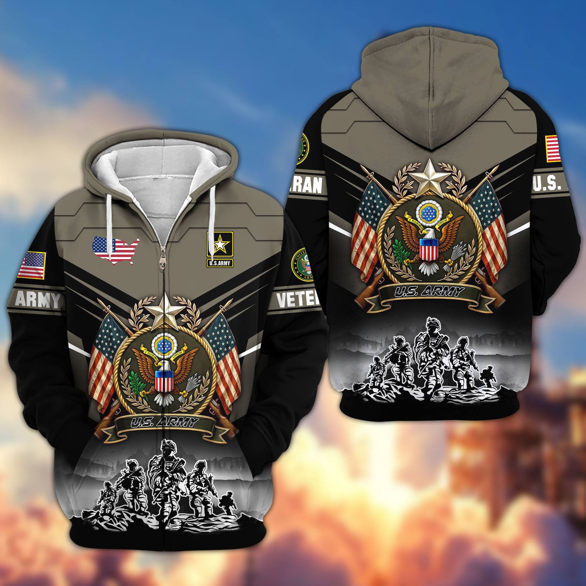 Premium US Veterans Zip Hoodie, Gifts For US Veterans, Gifts On Father's Day, Veterans Day.