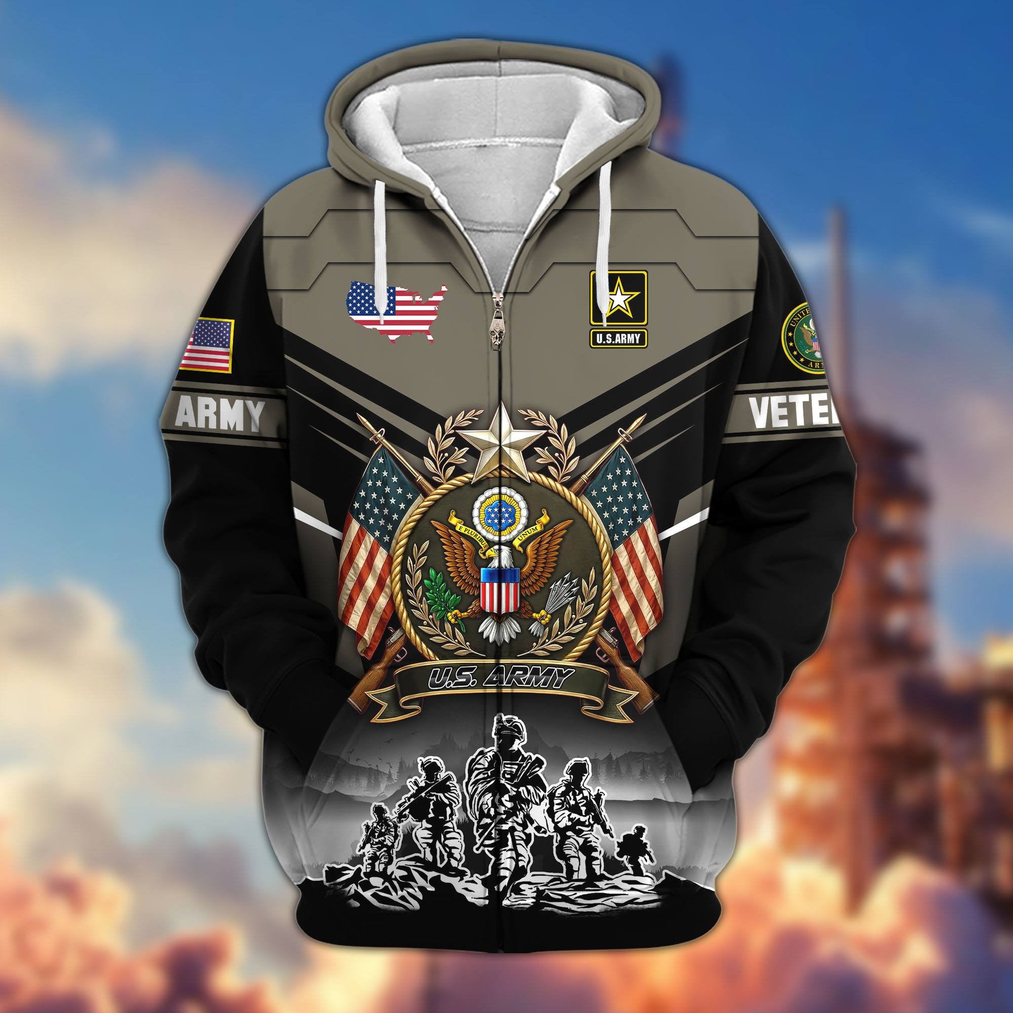 Premium US Veterans Zip Hoodie, Gifts For US Veterans, Gifts On Father's Day, Veterans Day.