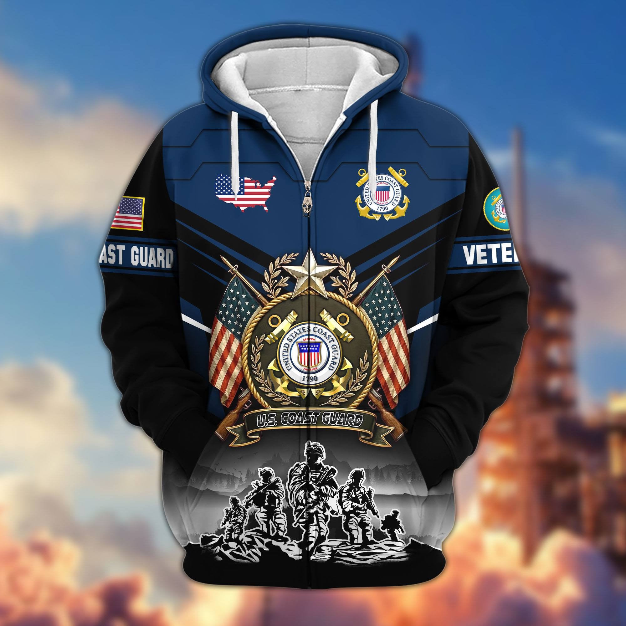 Premium US Veterans Zip Hoodie, Gifts For US Veterans, Gifts On Father's Day, Veterans Day.