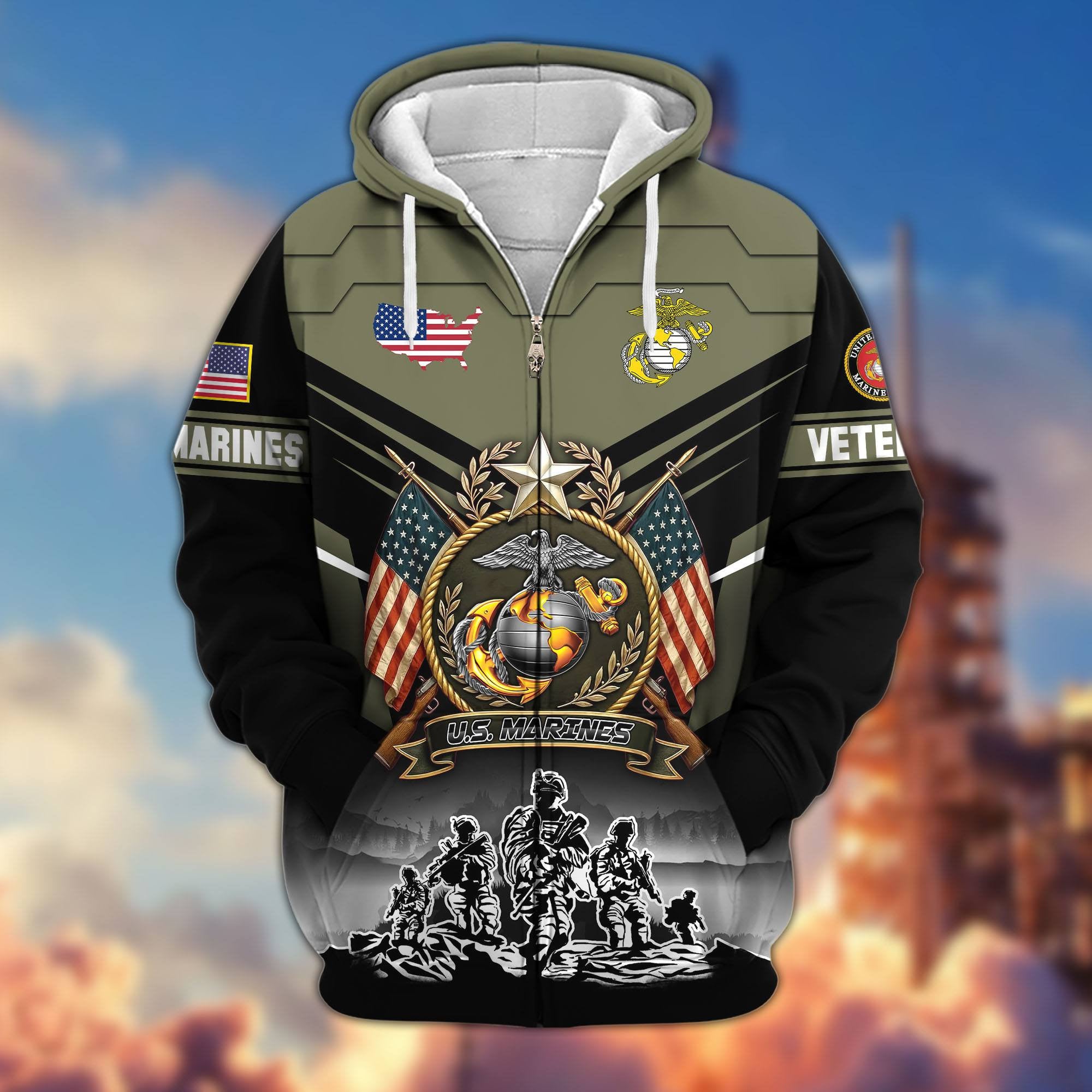 Premium US Veterans Zip Hoodie, Gifts For US Veterans, Gifts On Father's Day, Veterans Day.