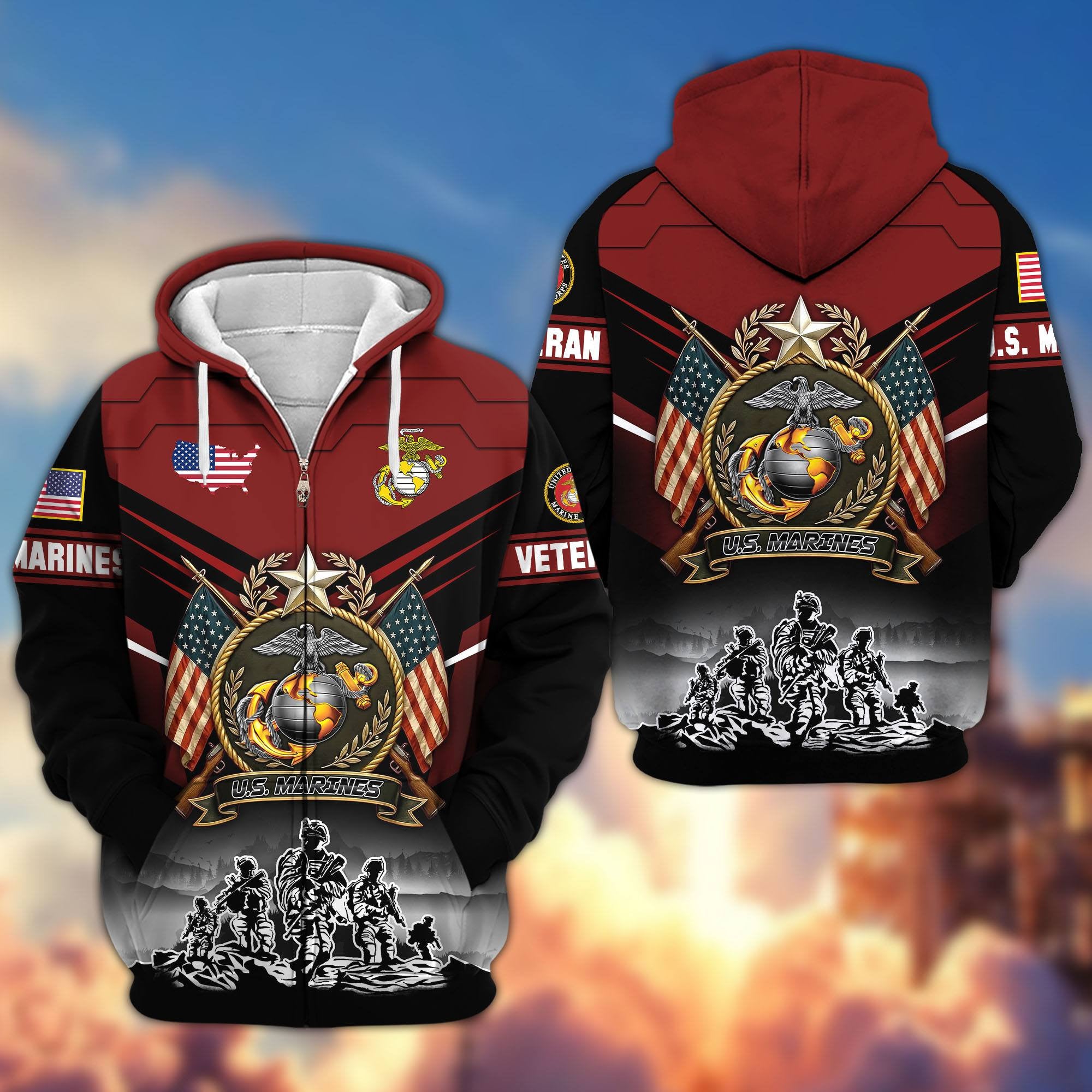 Premium US Veterans Zip Hoodie, Gifts For US Veterans, Gifts On Father's Day, Veterans Day.