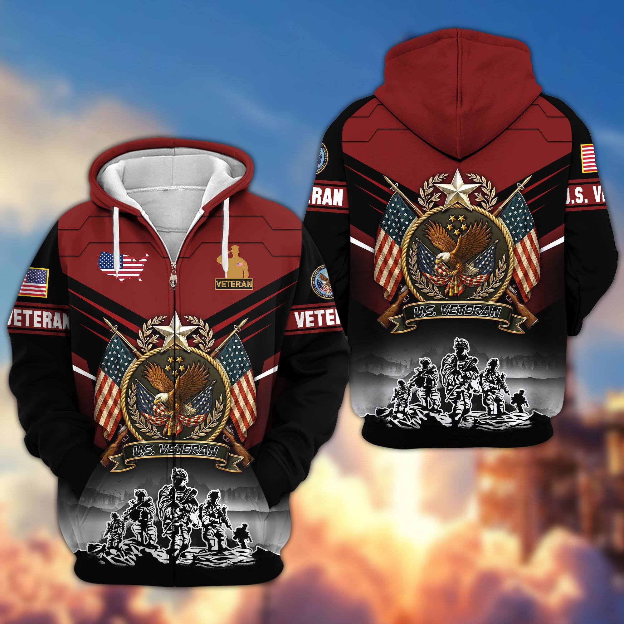 Premium US Veterans Zip Hoodie, Gifts For US Veterans, Gifts On Father's Day, Veterans Day.