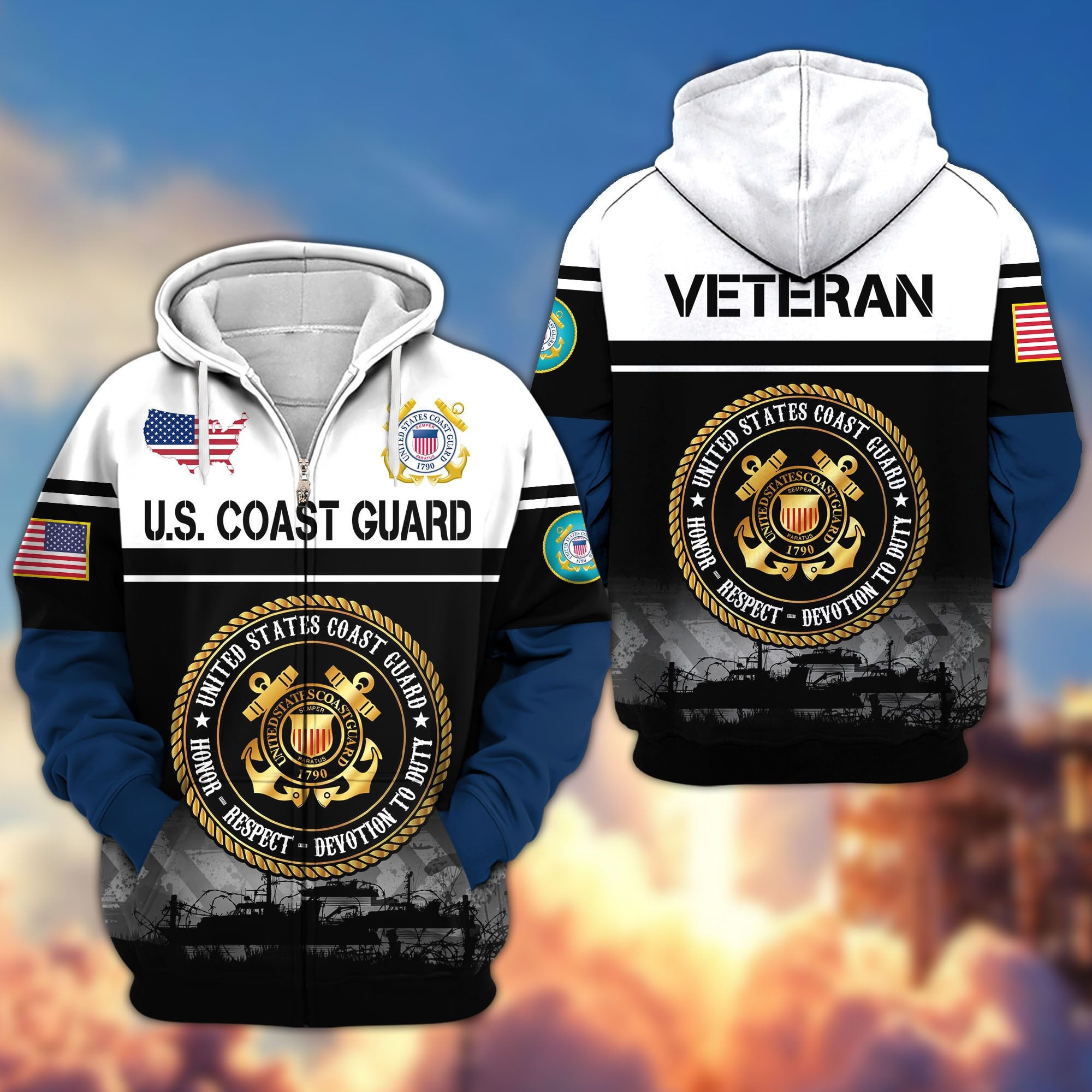 Premium US Veterans Zip Hoodie, Gifts For US Veterans, Gifts On Father's Day, Veterans Day.