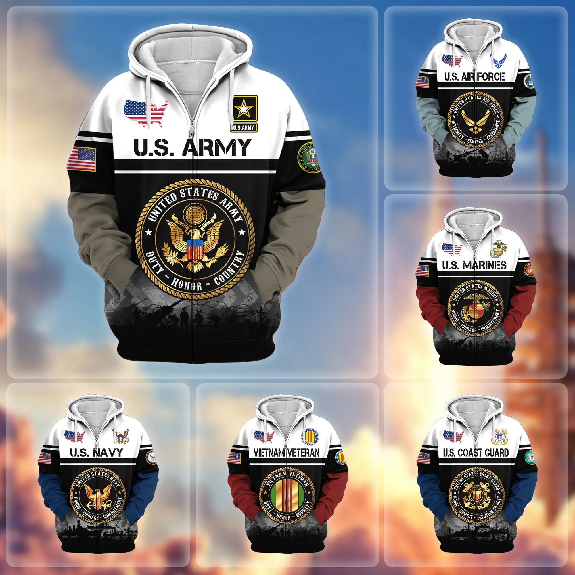 Premium US Veterans Zip Hoodie, Gifts For US Veterans, Gifts On Father's Day, Veterans Day.
