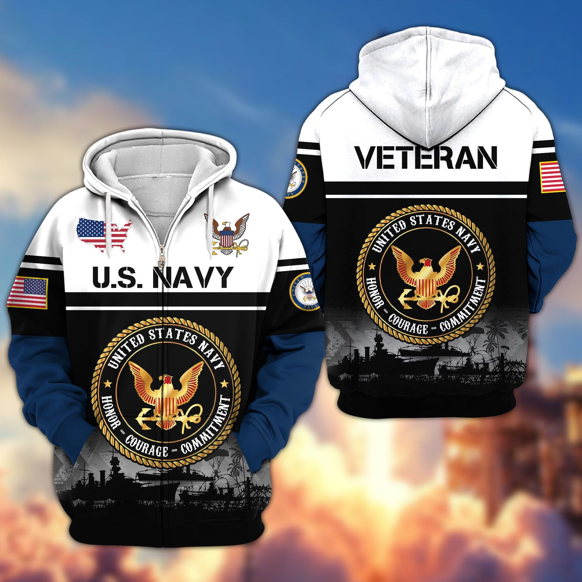 Premium US Veterans Zip Hoodie, Gifts For US Veterans, Gifts On Father's Day, Veterans Day.