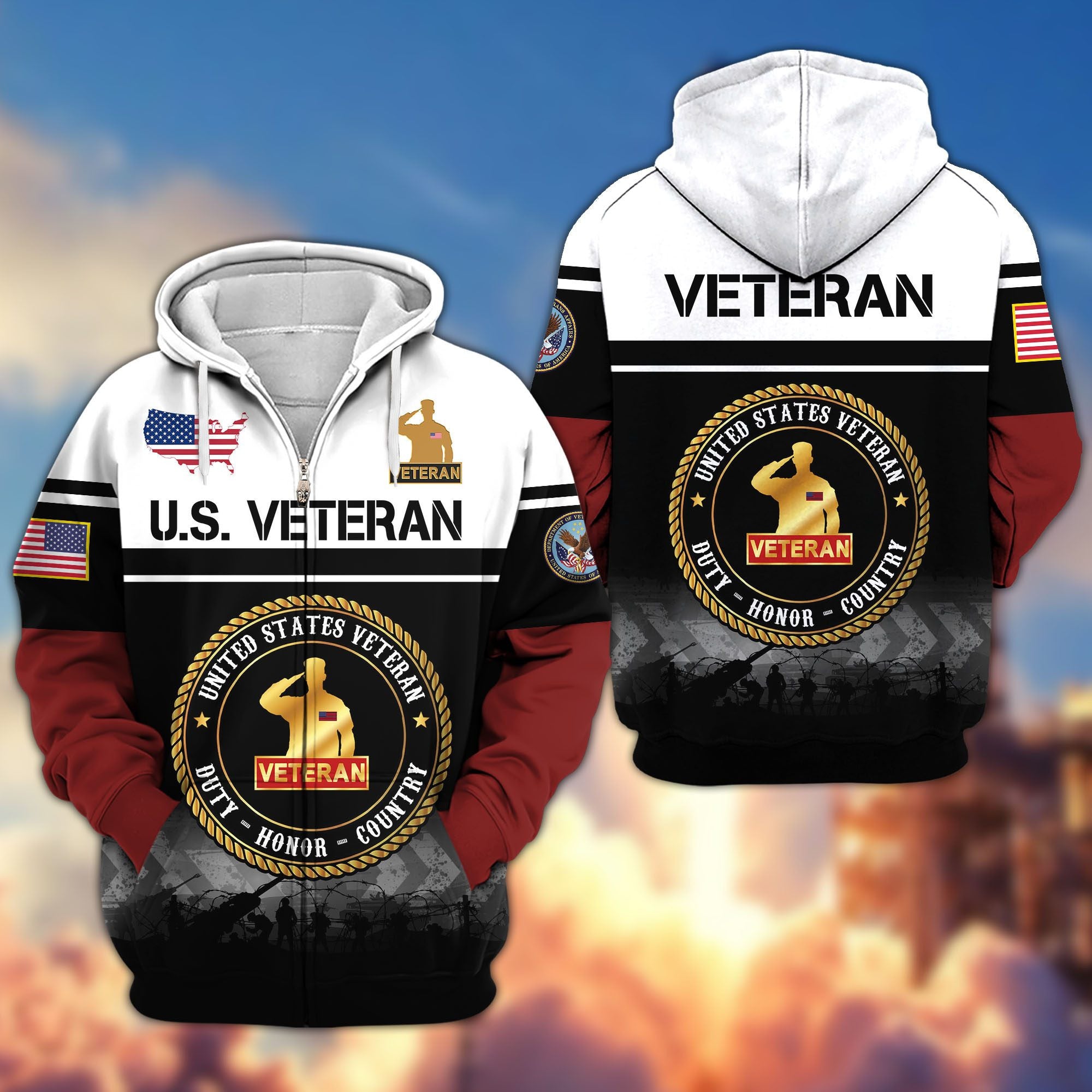 Premium US Veterans Zip Hoodie, Gifts For US Veterans, Gifts On Father's Day, Veterans Day.