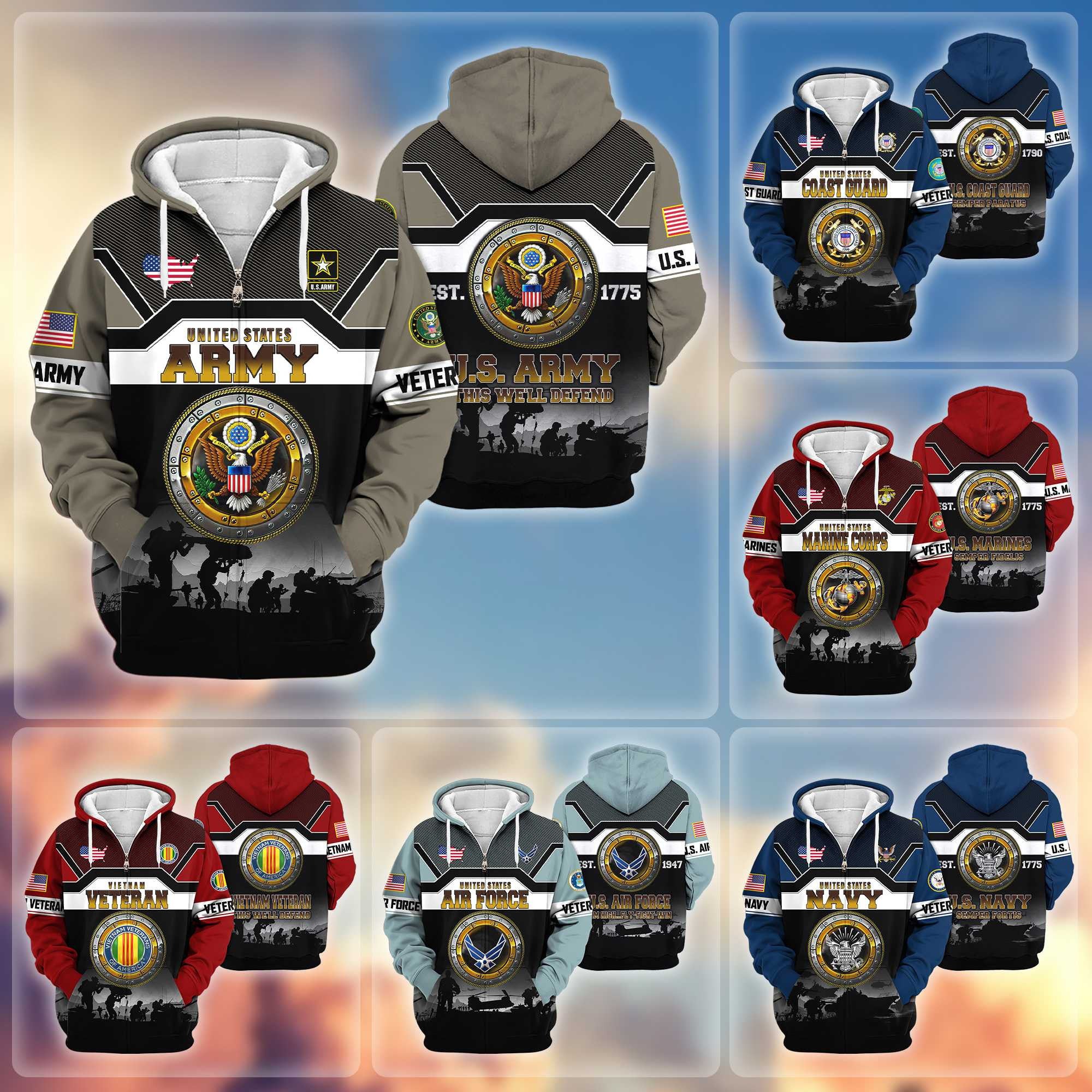 Premium US Veterans Zip Hoodie, Gifts For US Veterans, Gifts On Father's Day, Veterans Day.