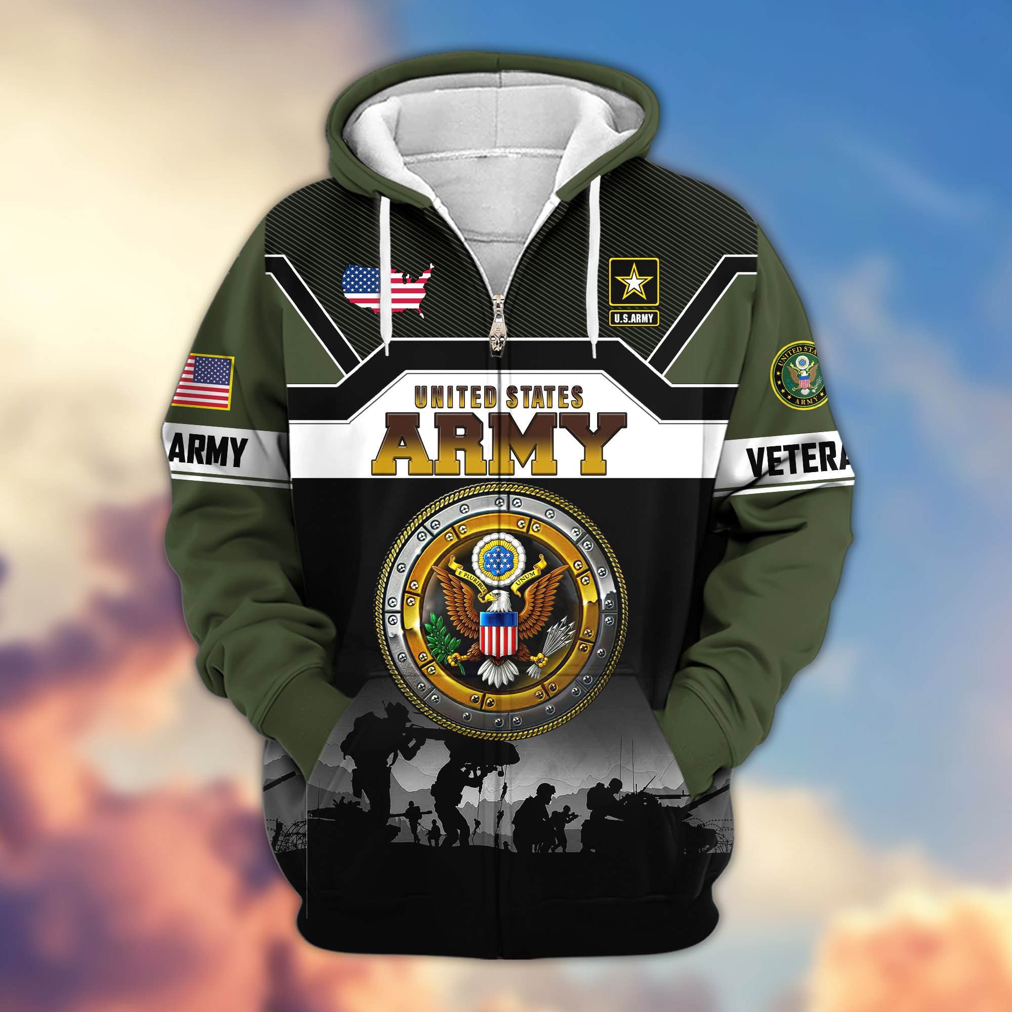 Premium US Veterans Zip Hoodie, Gifts For US Veterans, Gifts On Father's Day, Veterans Day.