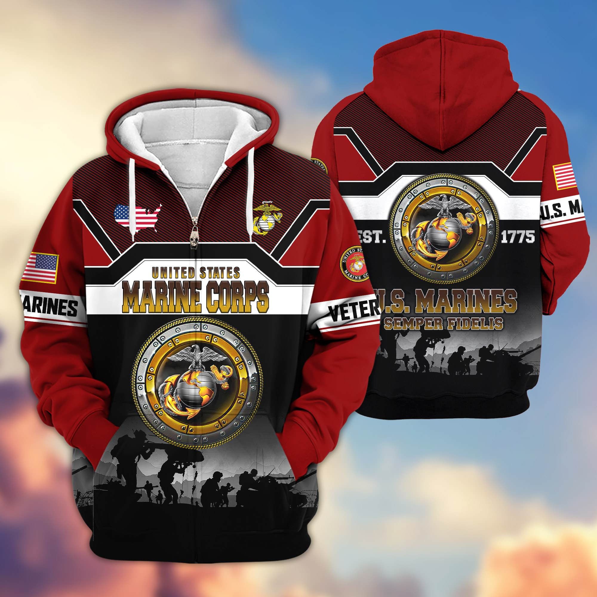 Premium US Veterans Zip Hoodie, Gifts For US Veterans, Gifts On Father's Day, Veterans Day.