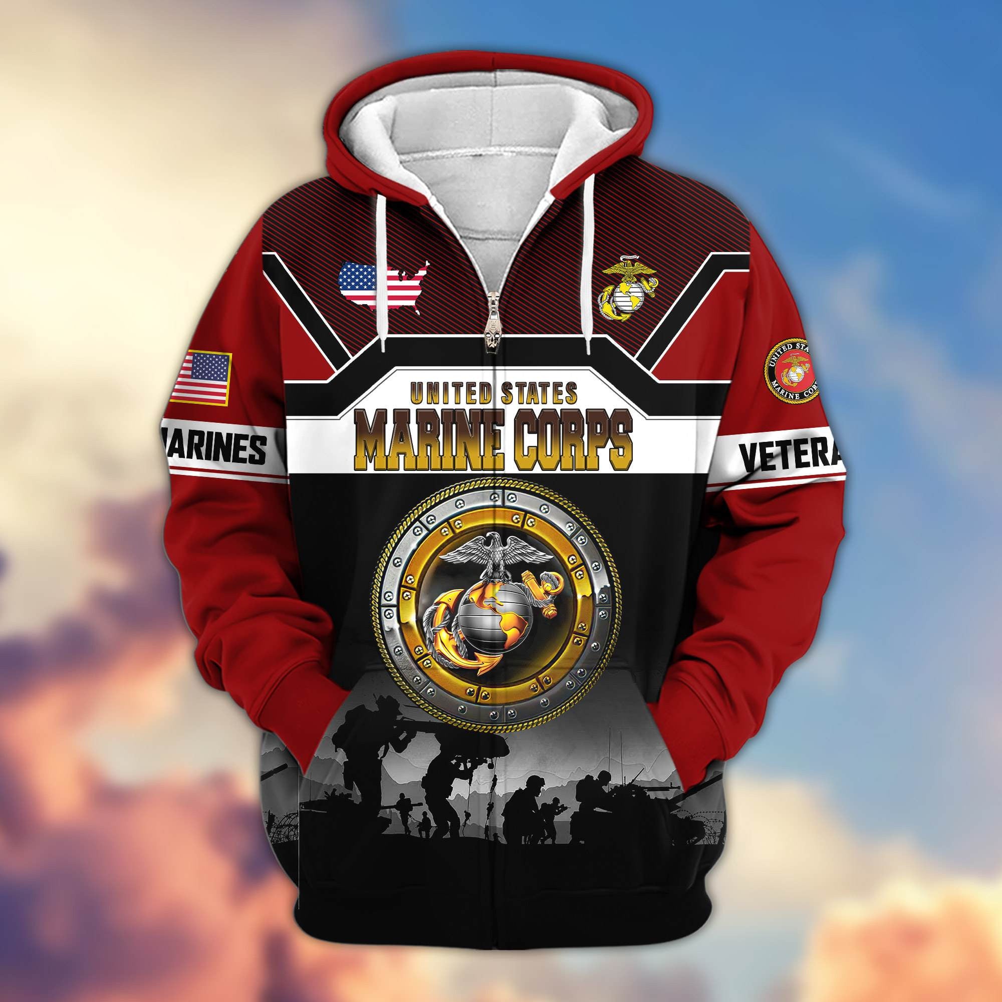 Premium US Veterans Zip Hoodie, Gifts For US Veterans, Gifts On Father's Day, Veterans Day.