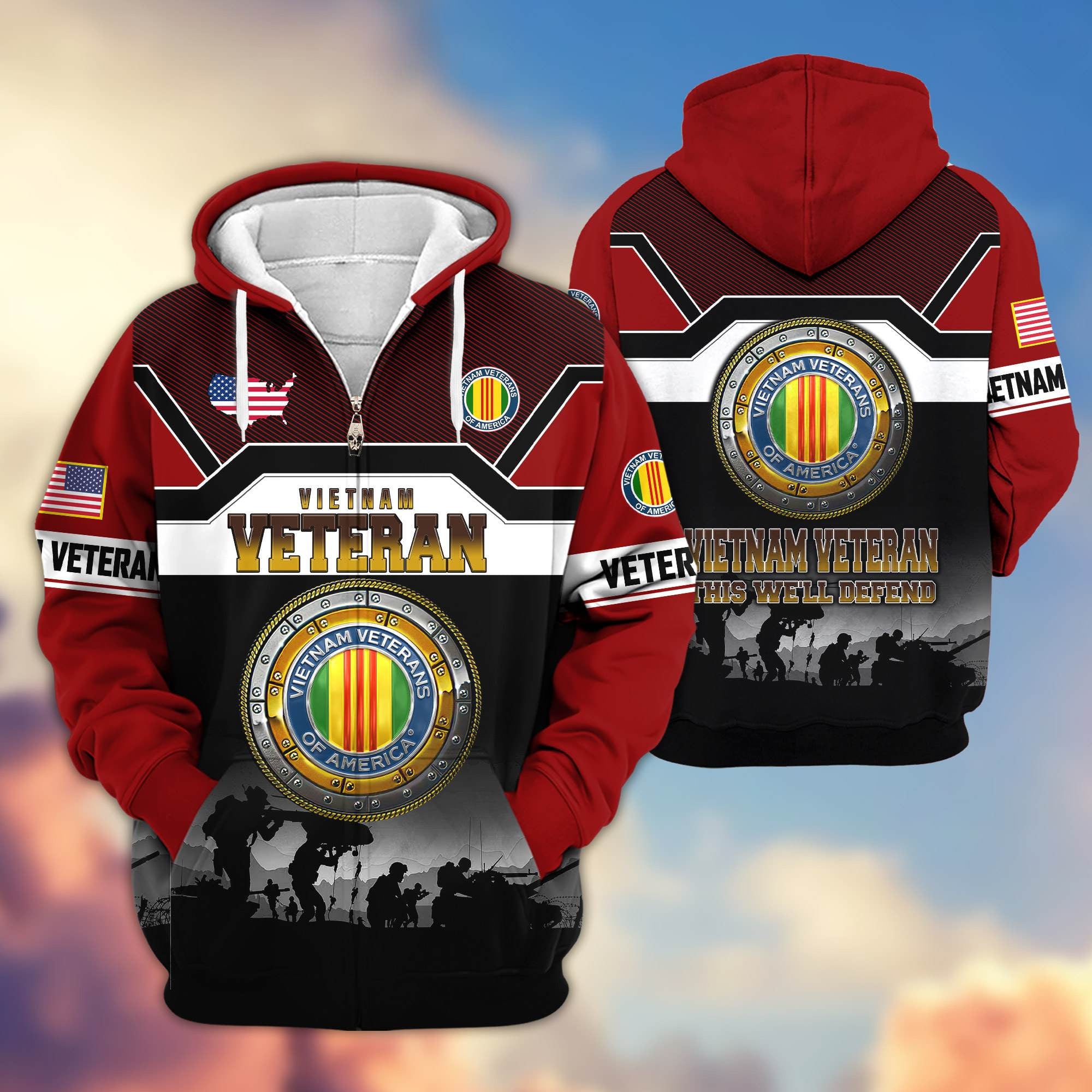 Premium US Veterans Zip Hoodie, Gifts For US Veterans, Gifts On Father's Day, Veterans Day.