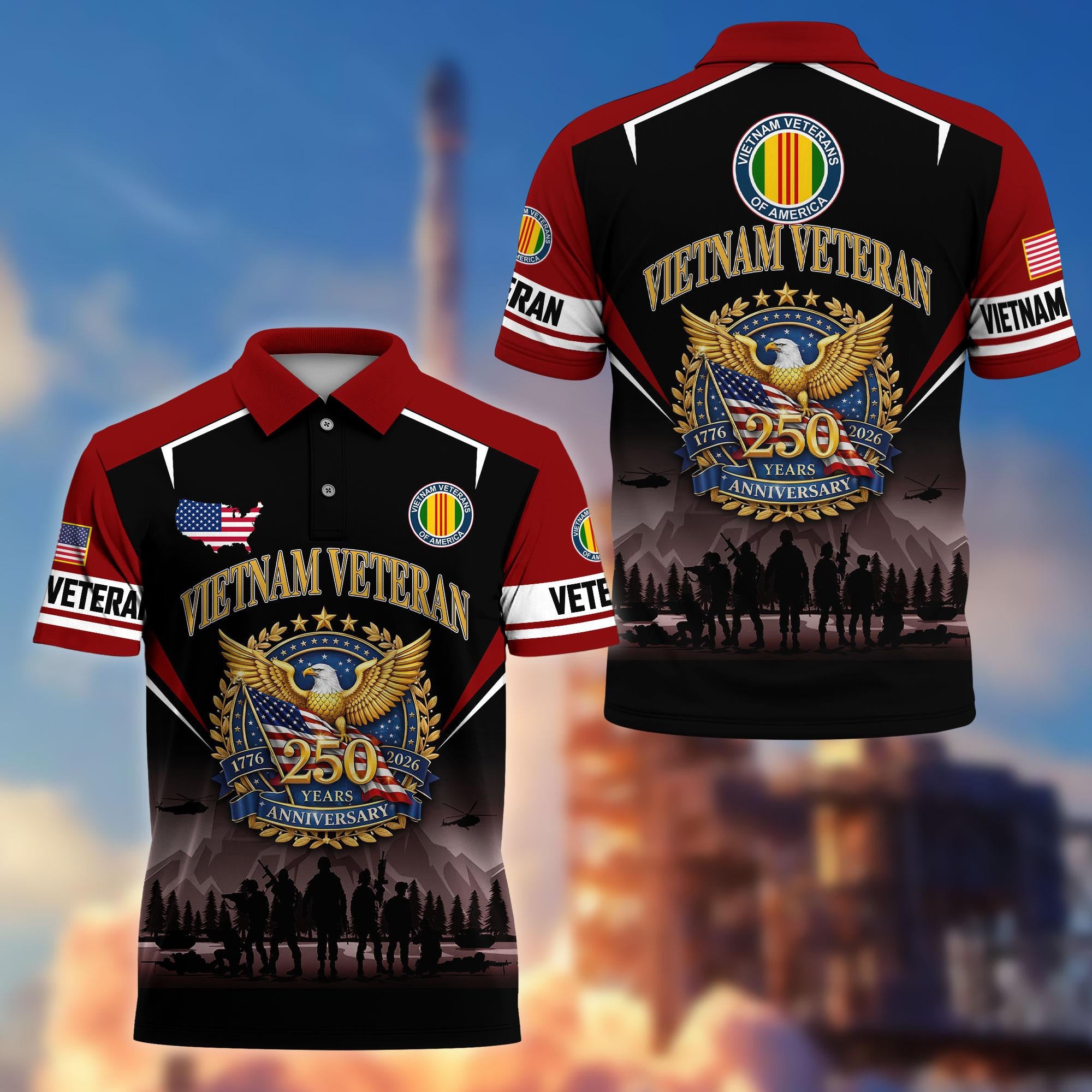 Premium America 250th Anniversary US Veteran Polo Shirt, Gifts for U.S. Veterans, Gifts for Independence Day, Veterans Day