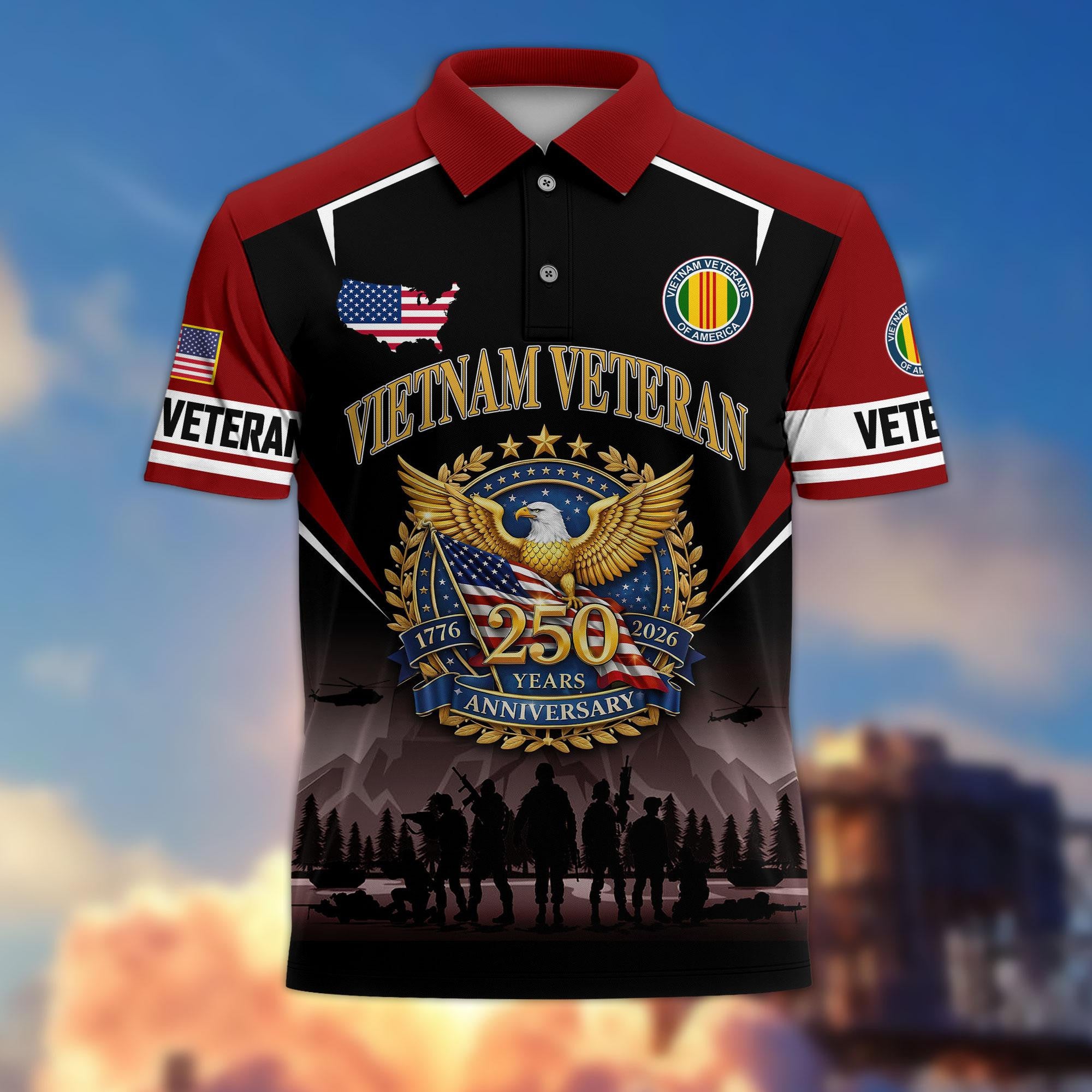 Premium America 250th Anniversary US Veteran Polo Shirt, Gifts for U.S. Veterans, Gifts for Independence Day, Veterans Day