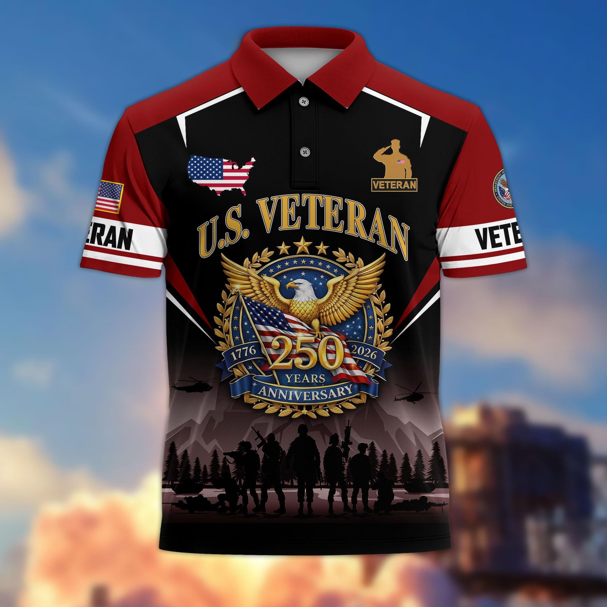 Premium America 250th Anniversary US Veteran Polo Shirt, Gifts for U.S. Veterans, Gifts for Independence Day, Veterans Day