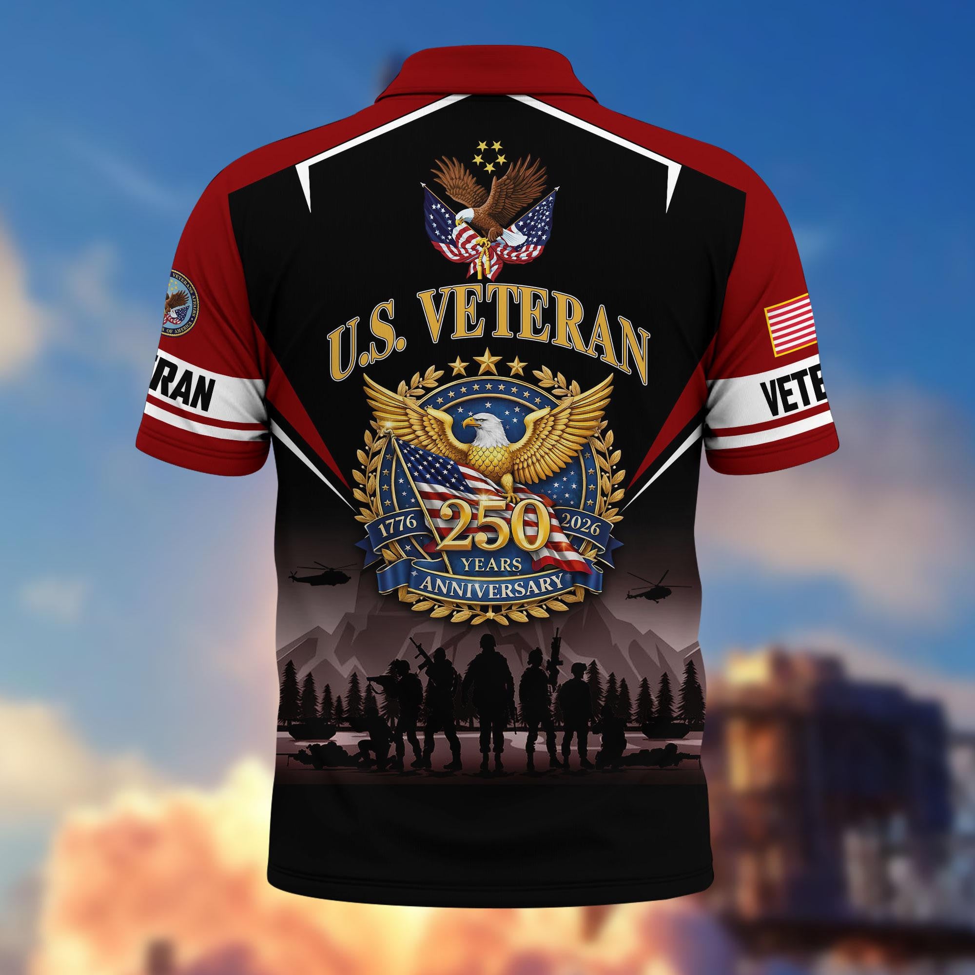 Premium America 250th Anniversary US Veteran Polo Shirt, Gifts for U.S. Veterans, Gifts for Independence Day, Veterans Day